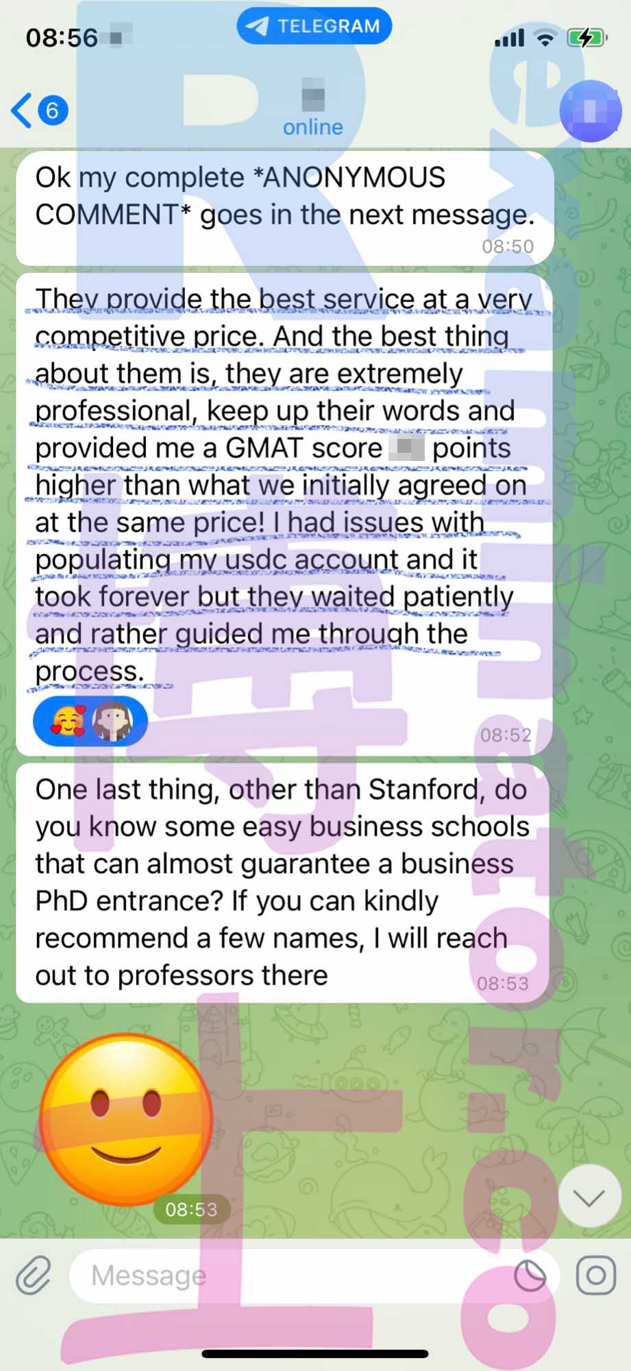 GMAT代考保分成功案例#400的与客户对话截图