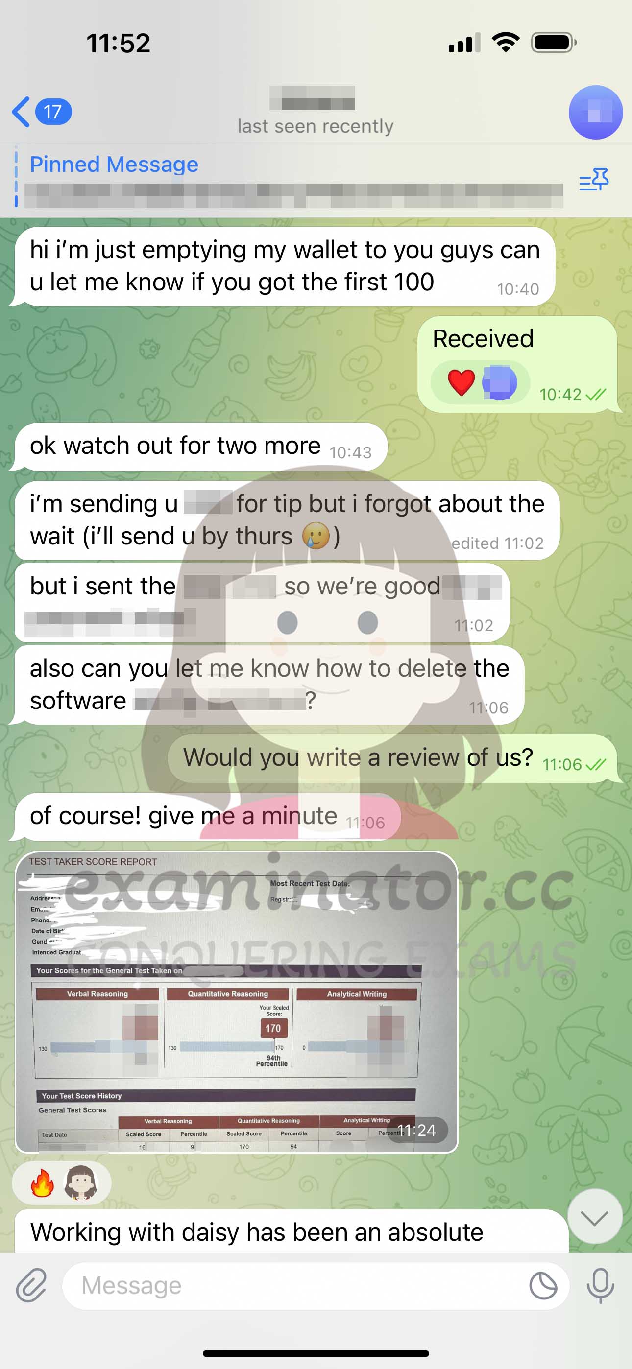 GRE代考保分成功案例#616的与客户对话截图