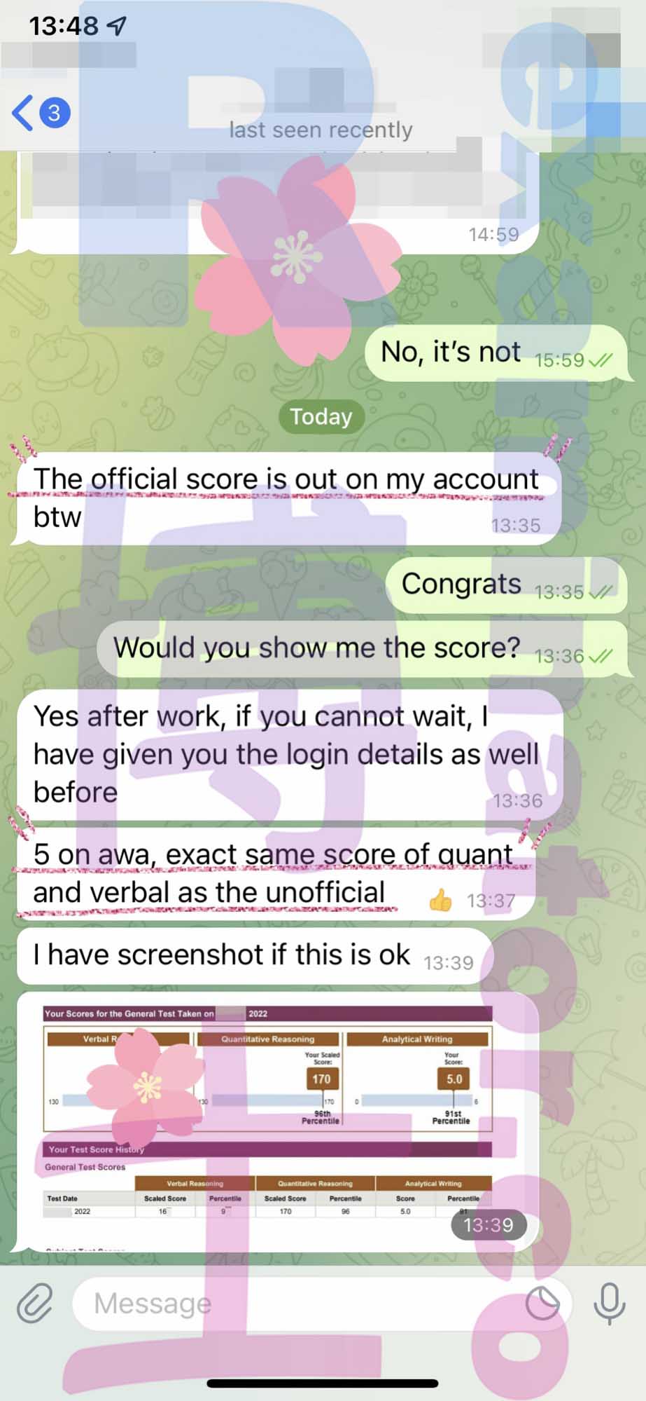 GRE代考保分成功案例#328的与客户对话截图