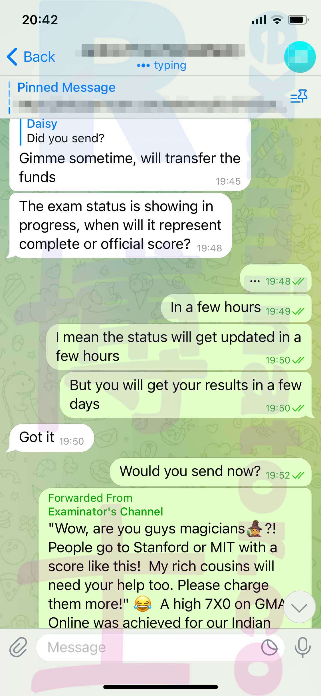 GMAT代考保分成功案例#487的与客户对话截图