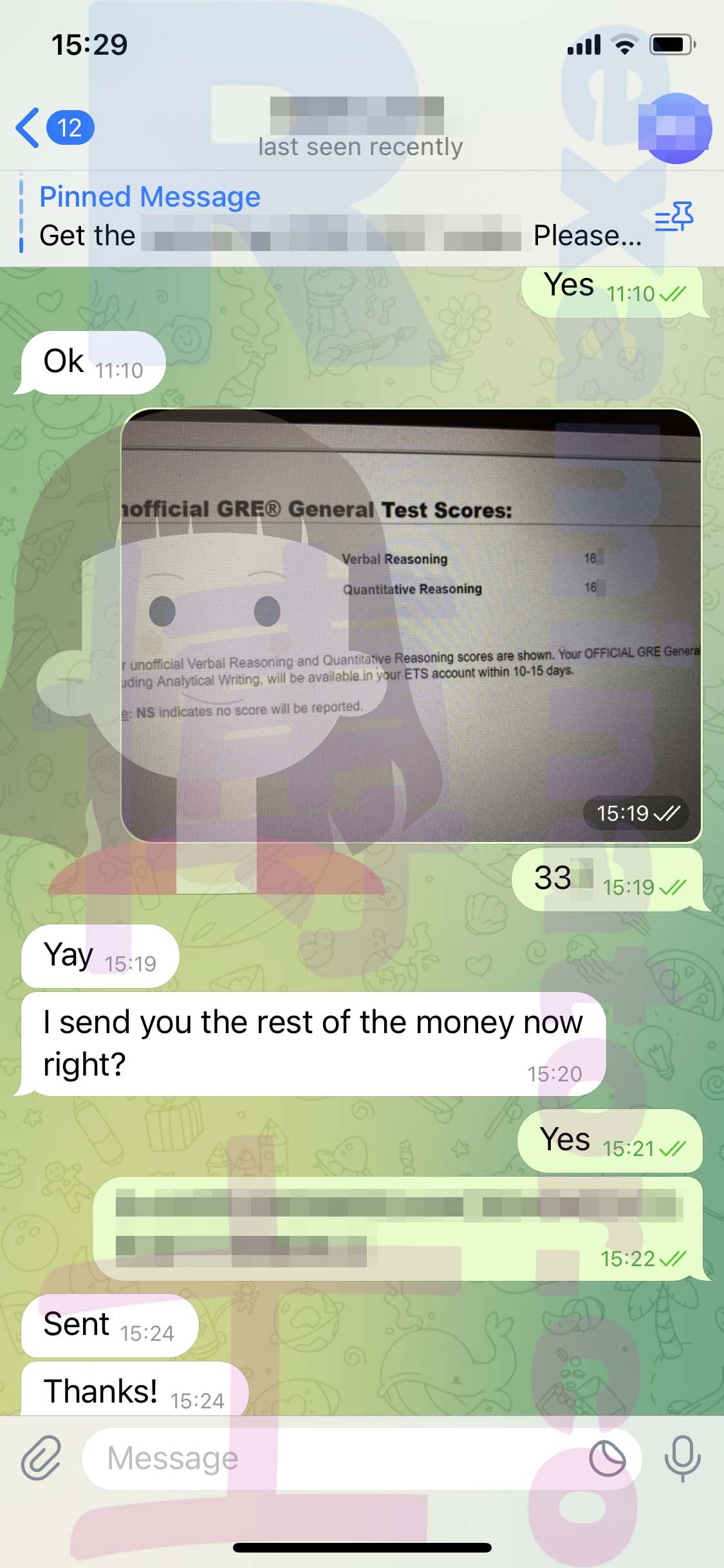 GRE代考保分成功案例#502的与客户对话截图