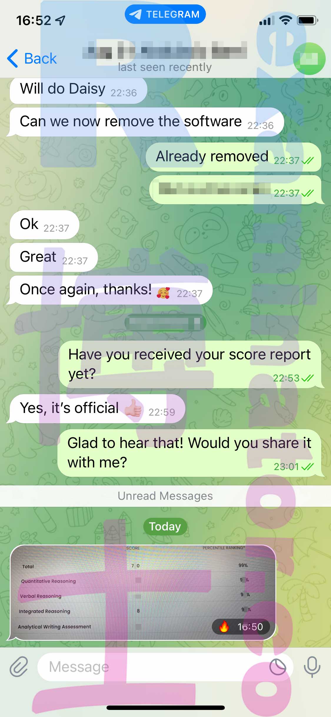 GMAT代考保分成功案例#399的与客户对话截图