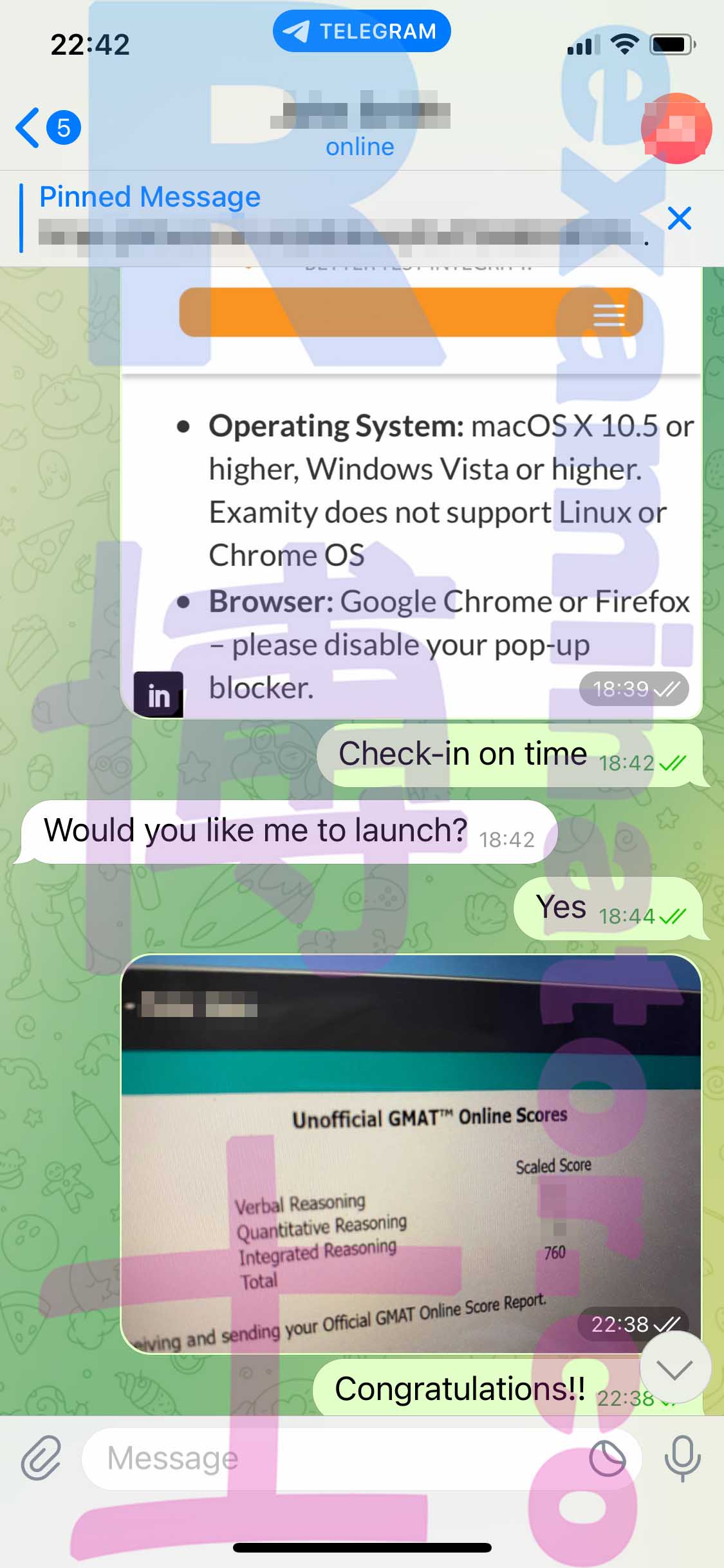 GMAT代考保分成功案例#445的与客户对话截图
