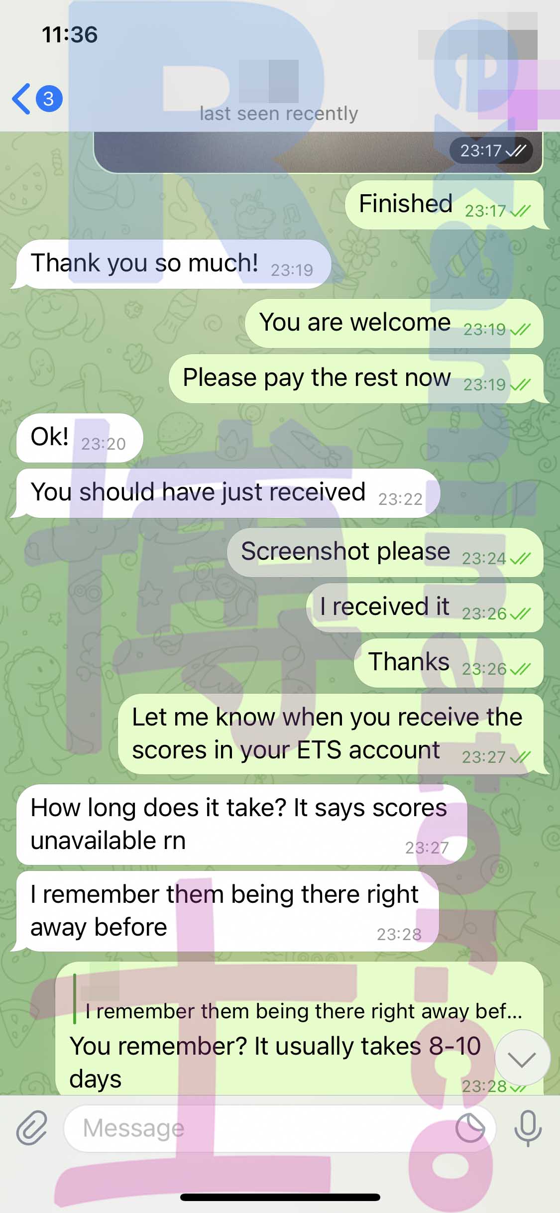 GRE代考保分成功案例#307的与客户对话截图