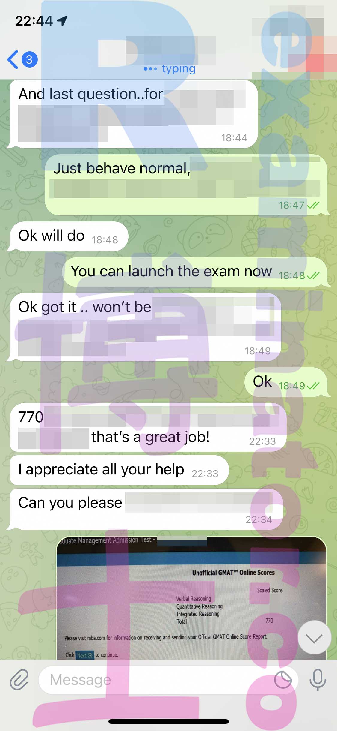 GMAT代考保分成功案例#319的与客户对话截图