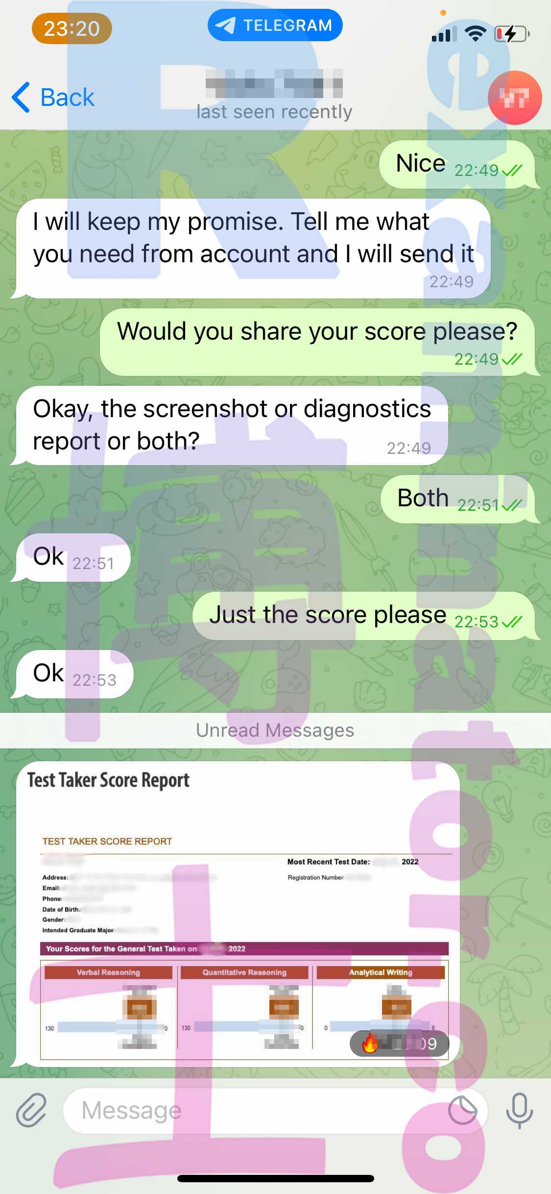 GRE代考保分成功案例#358的与客户对话截图