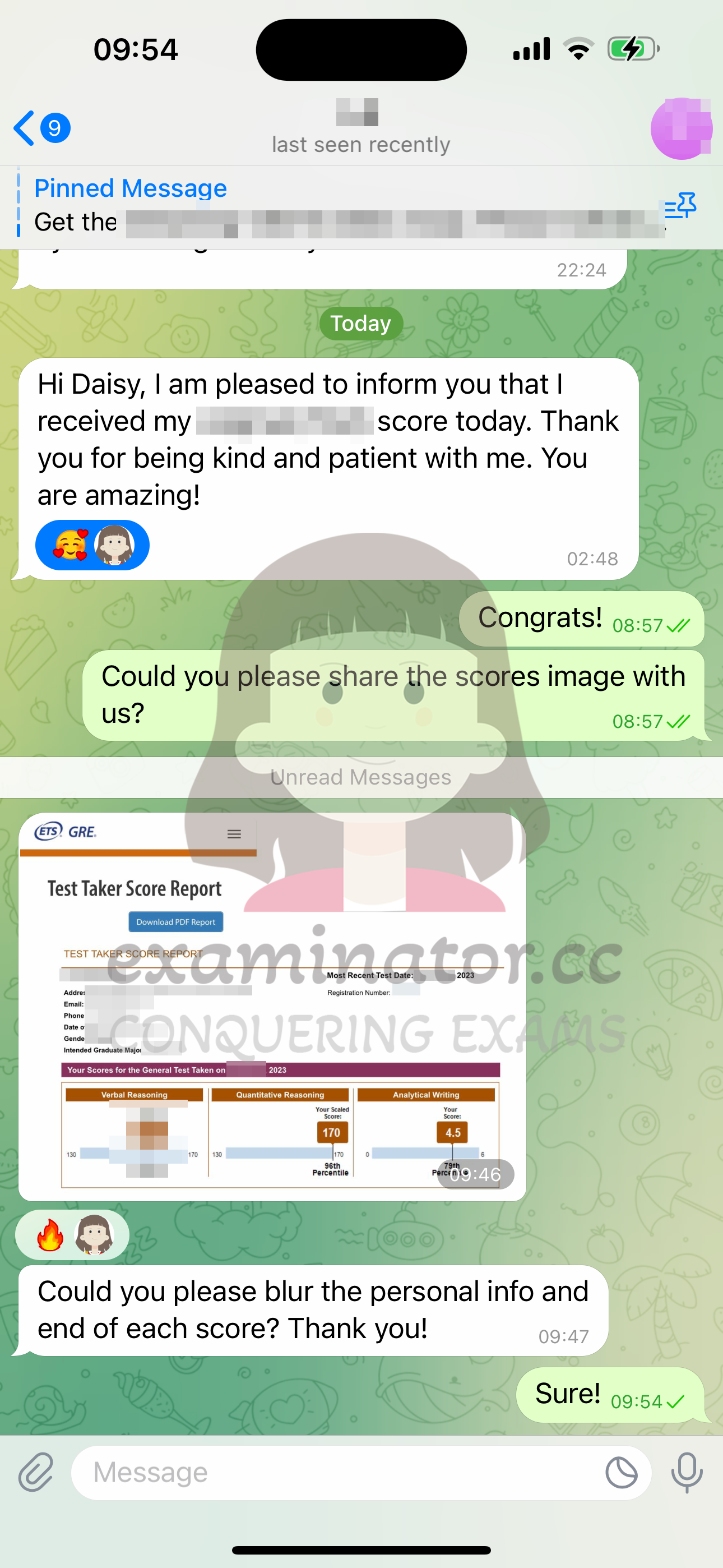 GRE代考保分成功案例#560的与客户对话截图