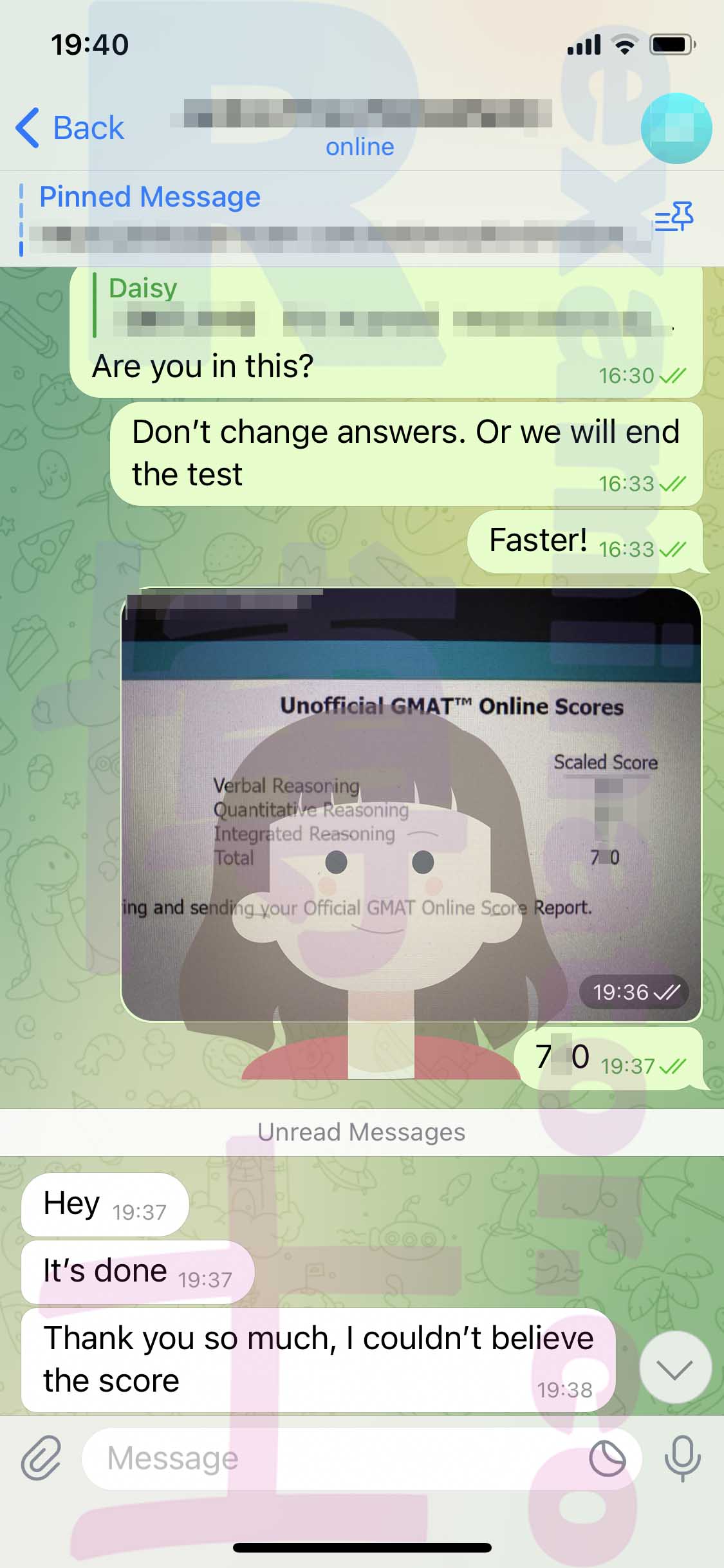 GMAT代考保分成功案例#487的与客户对话截图