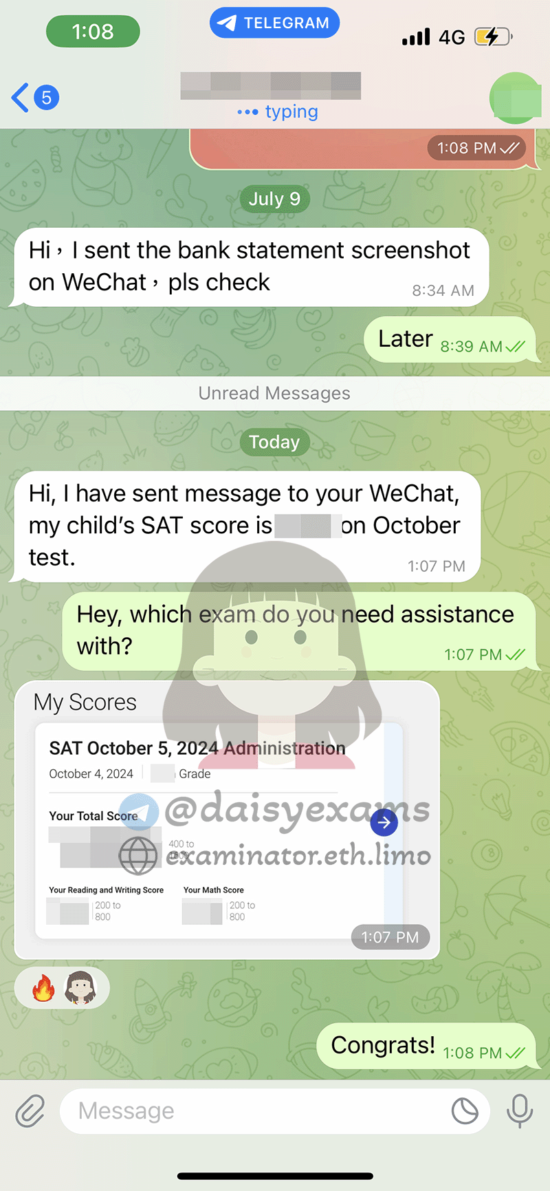 SAT代考保分成功案例#673的与客户对话截图