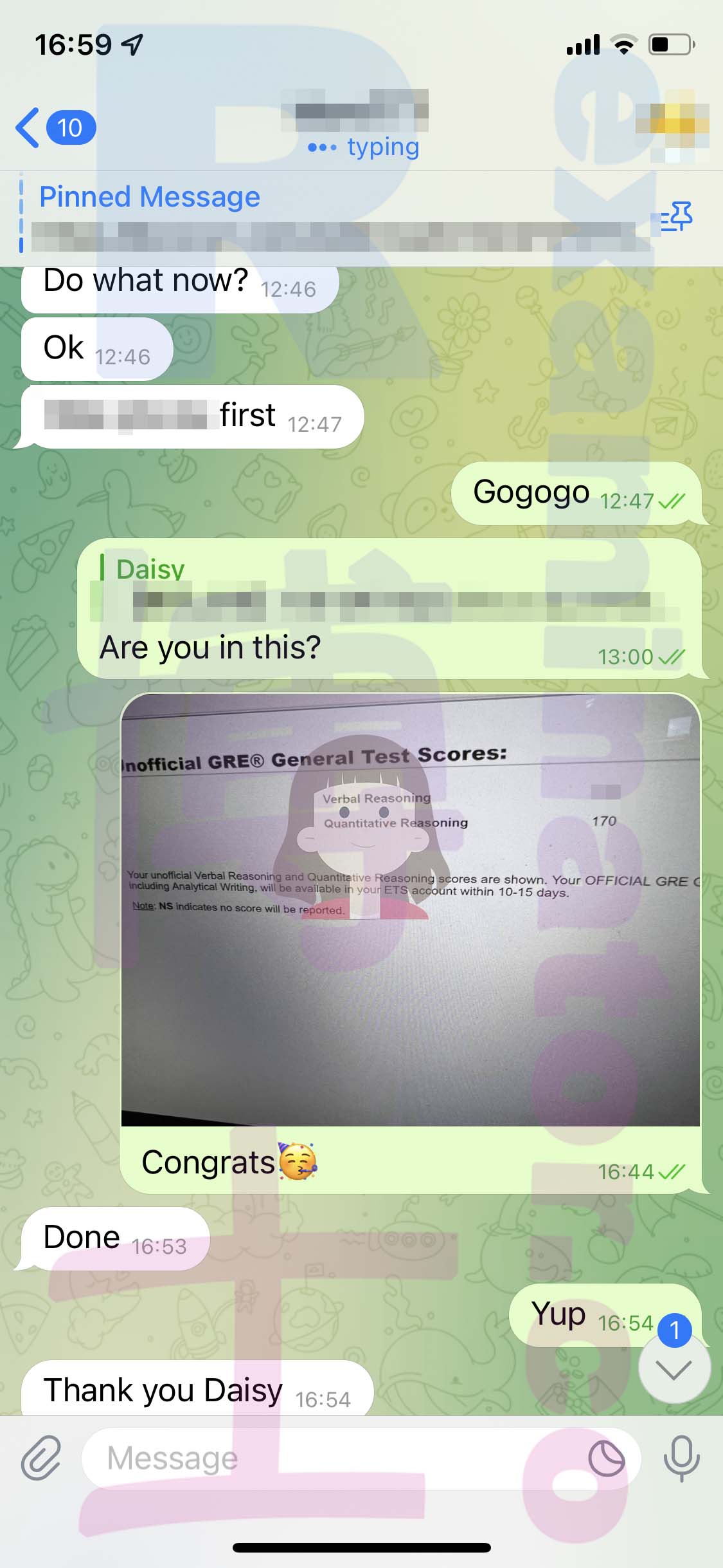 GRE代考保分成功案例#475的与客户对话截图