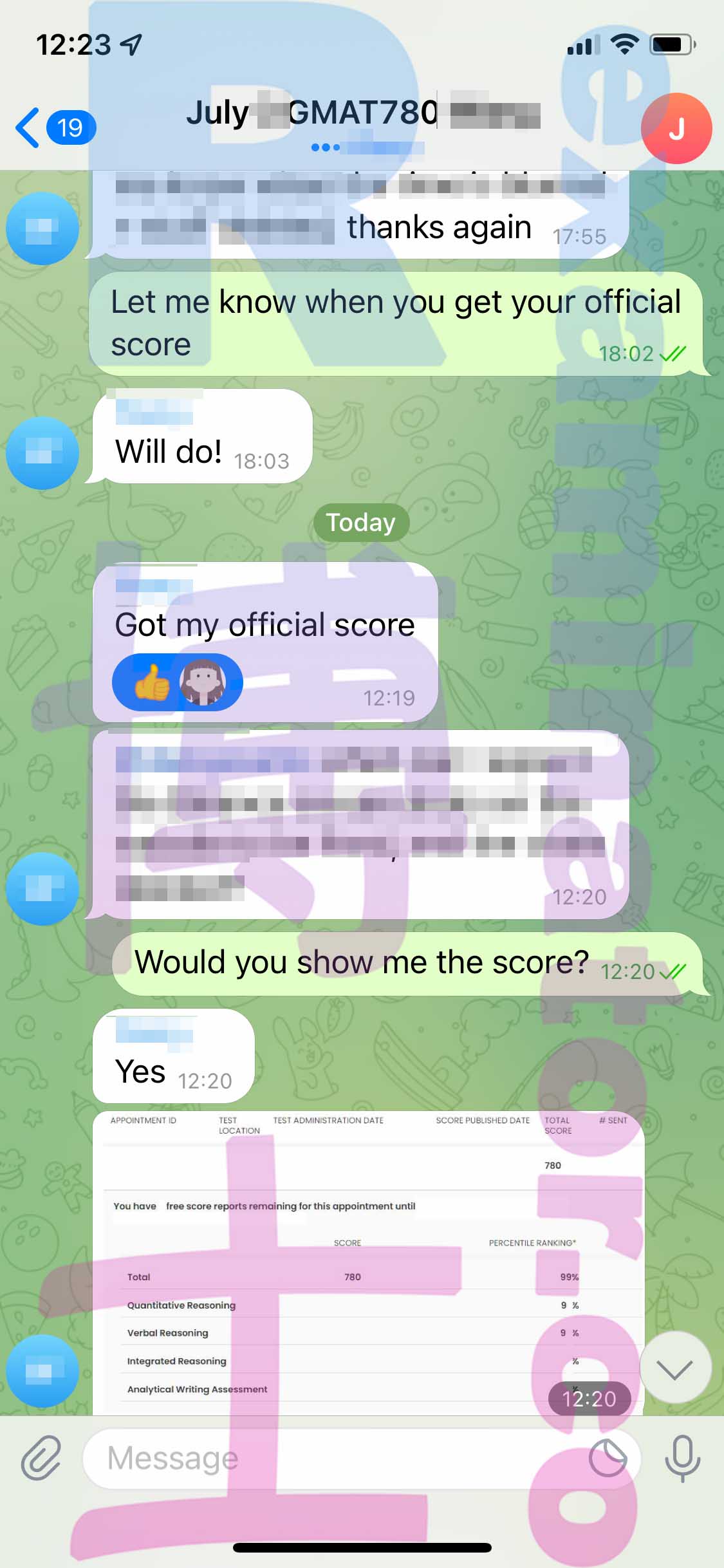 GMAT代考保分成功案例#348的与客户对话截图