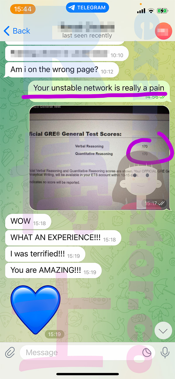 GRE代考保分成功案例#472的与客户对话截图