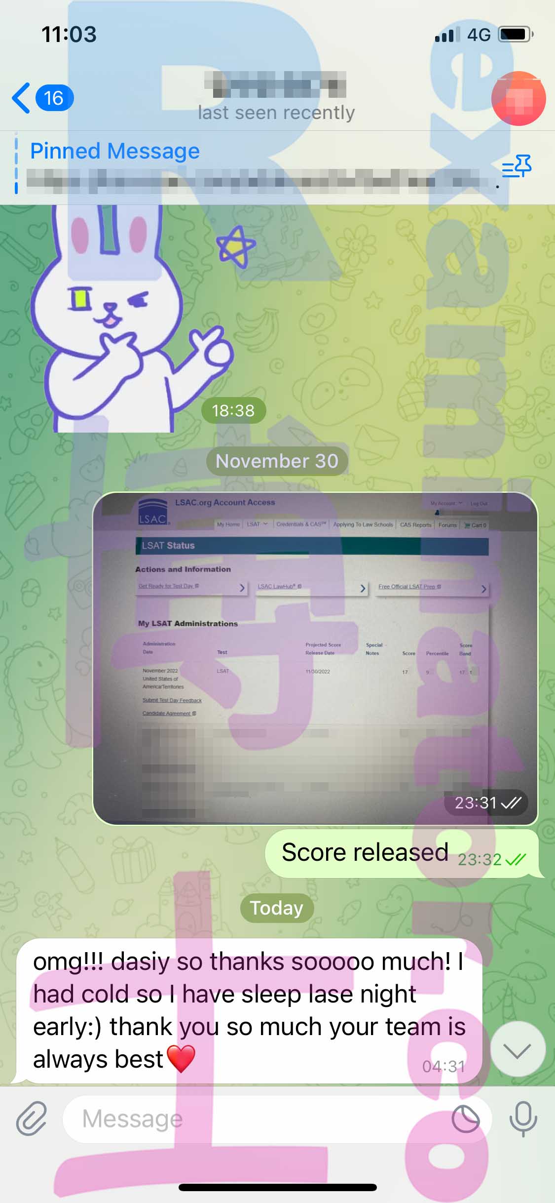 LSAT代考保分成功案例#424的与客户对话截图