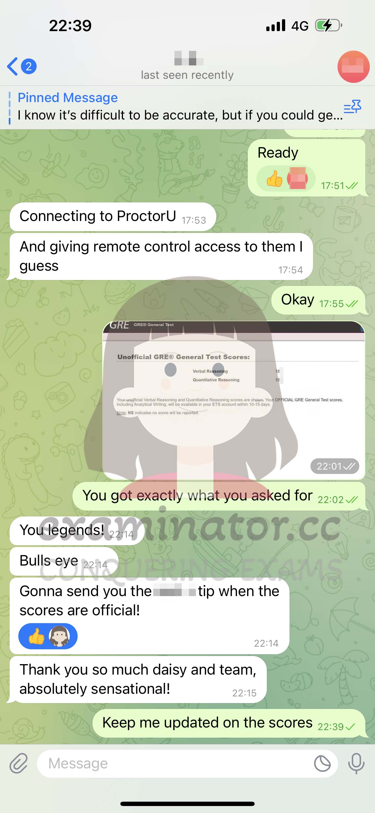 GRE代考保分成功案例#552的与客户对话截图