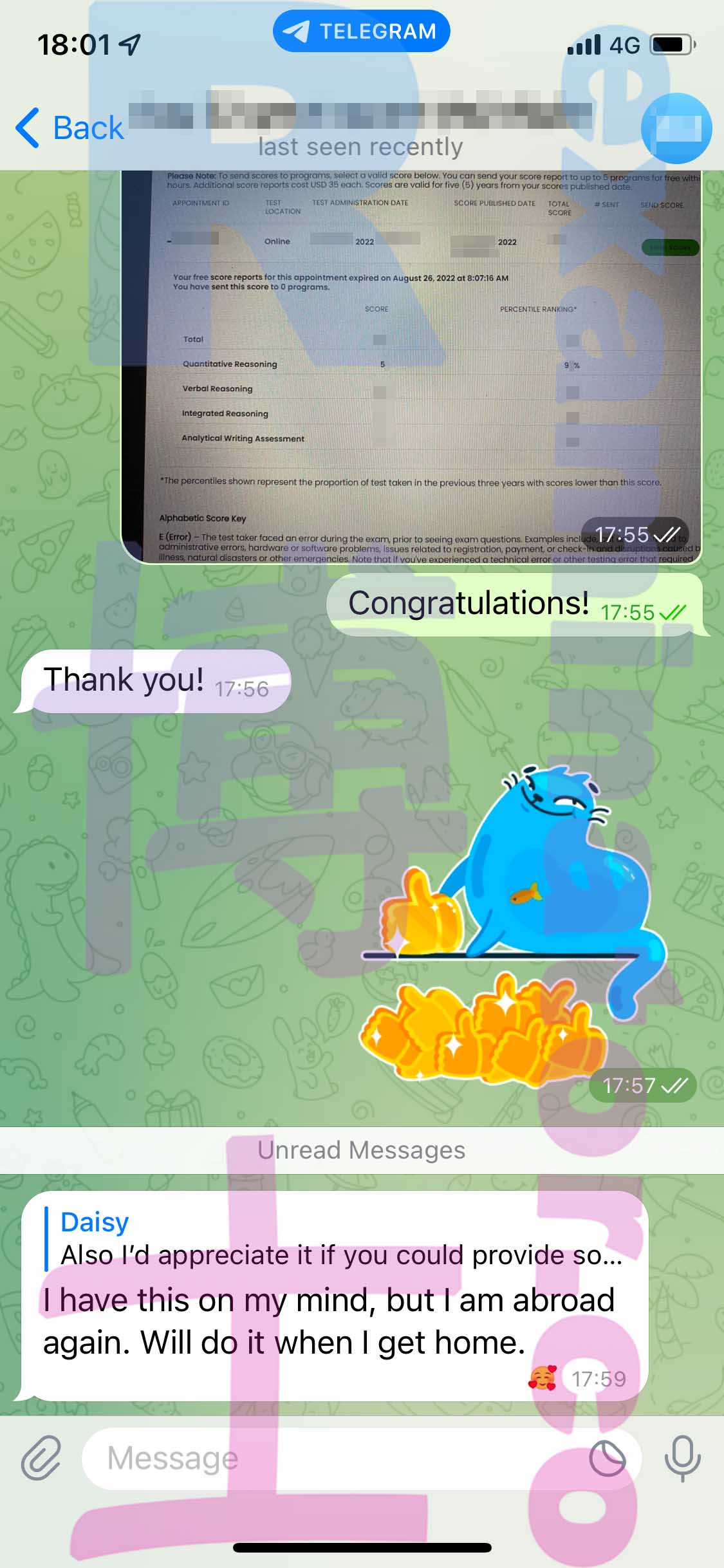 GMAT代考保分成功案例#376的与客户对话截图