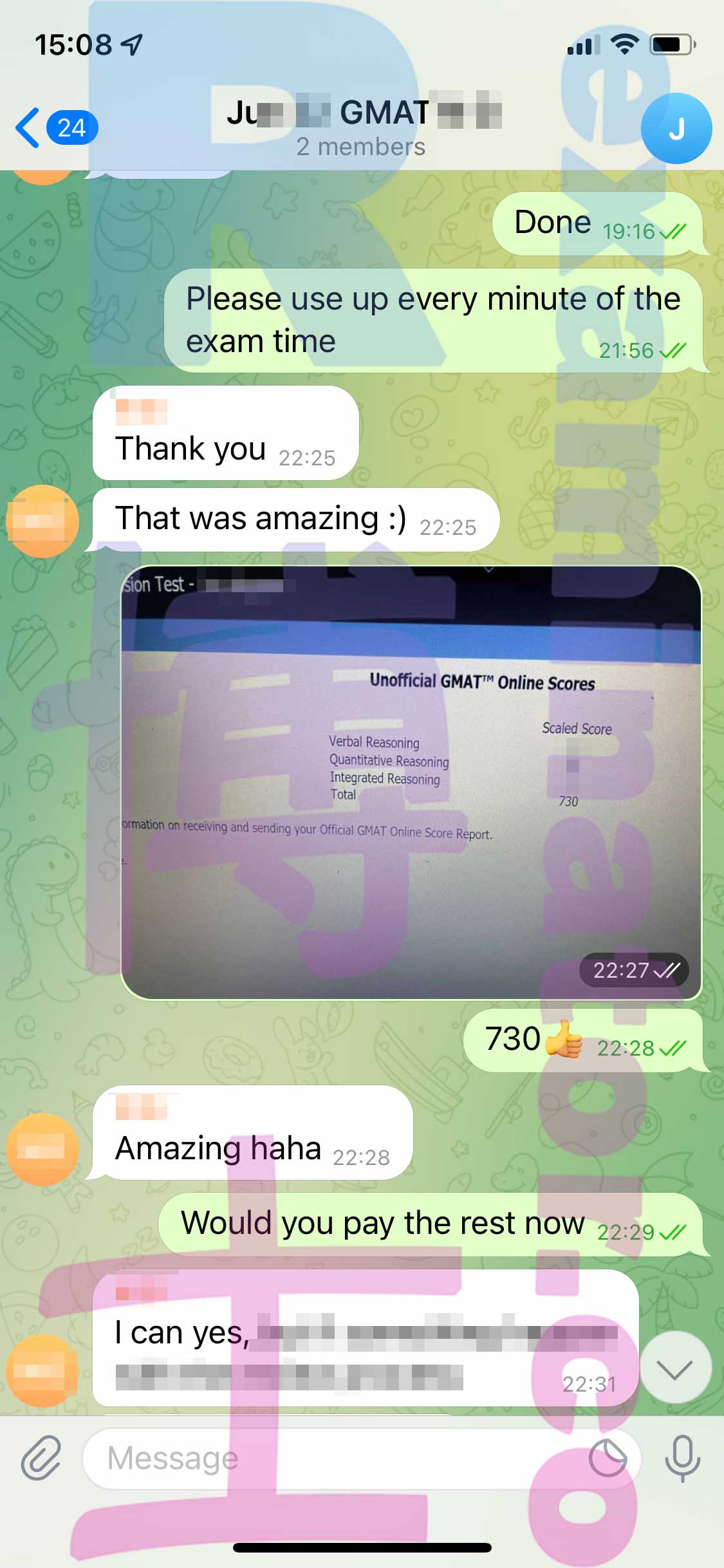 GMAT代考保分成功案例#347的与客户对话截图