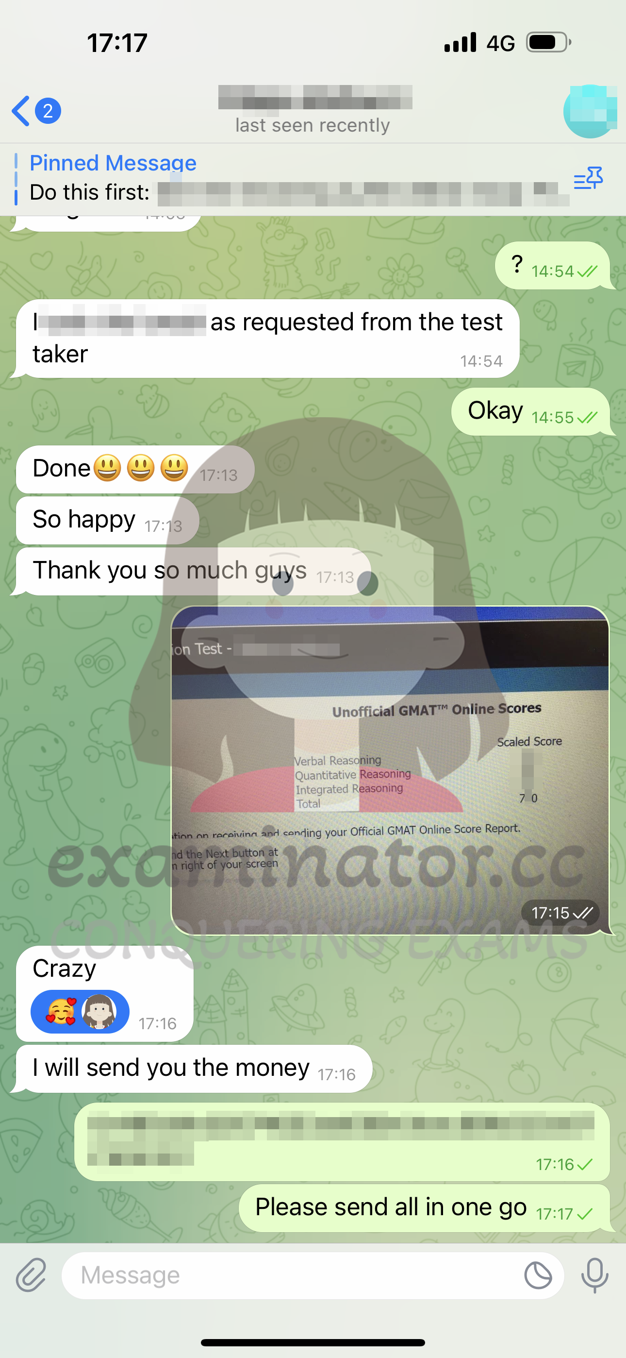 GMAT代考保分成功案例#568的与客户对话截图