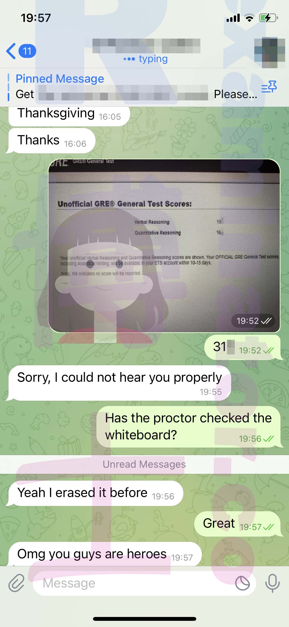 GRE代考保分成功案例#521的与客户对话截图