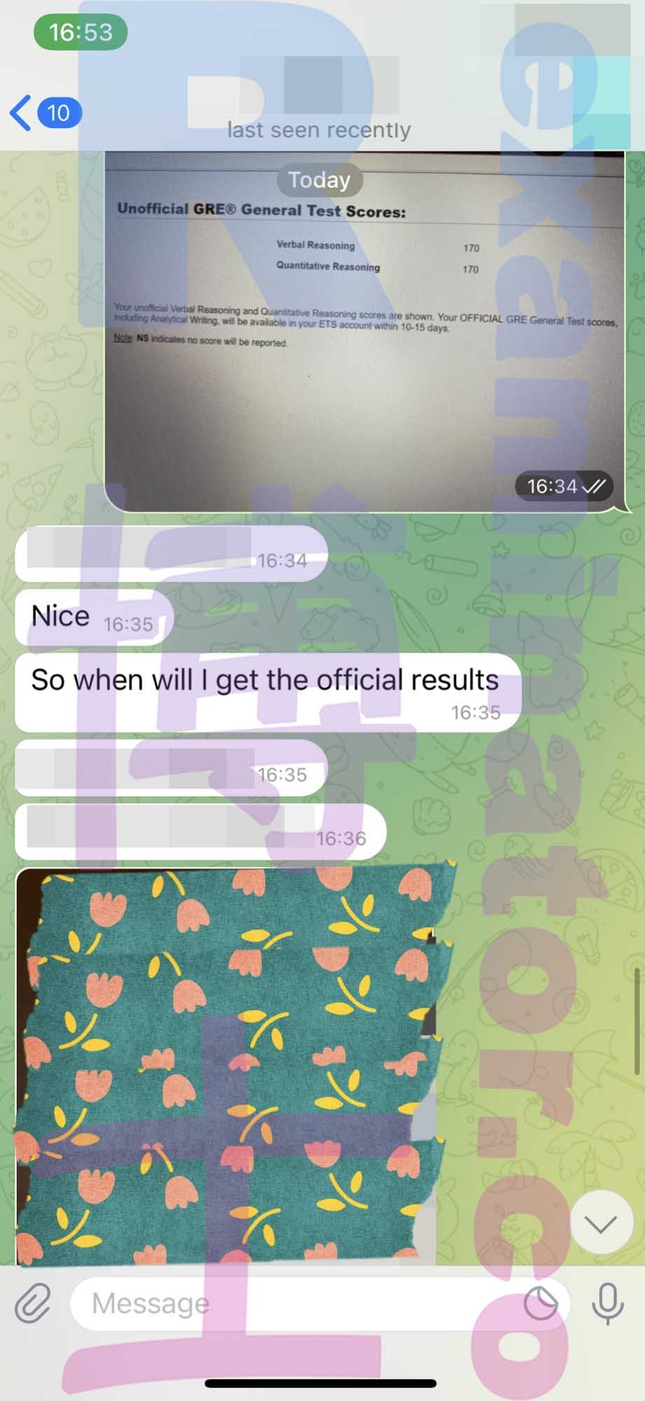 GRE代考保分成功案例#277的与客户对话截图
