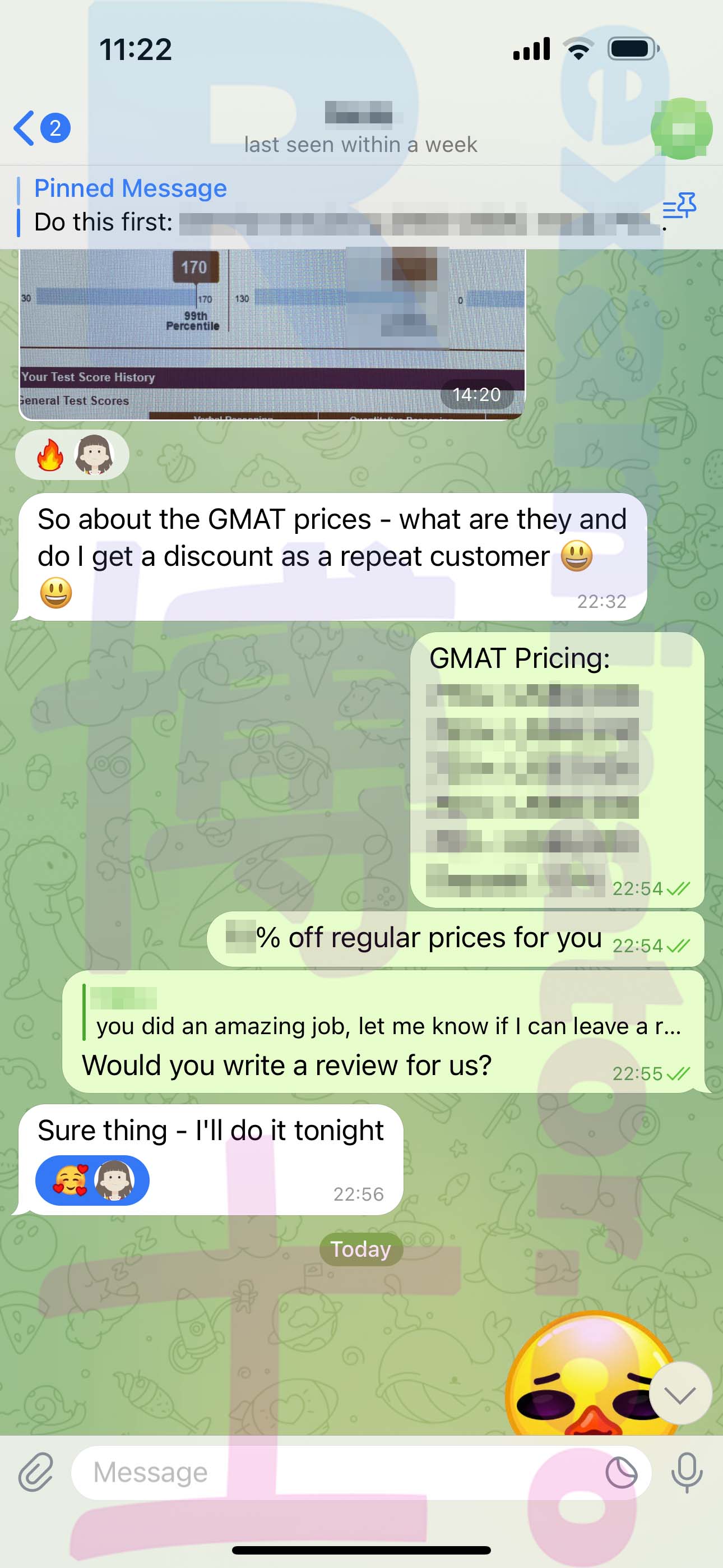 GRE代考保分成功案例#537的与客户对话截图