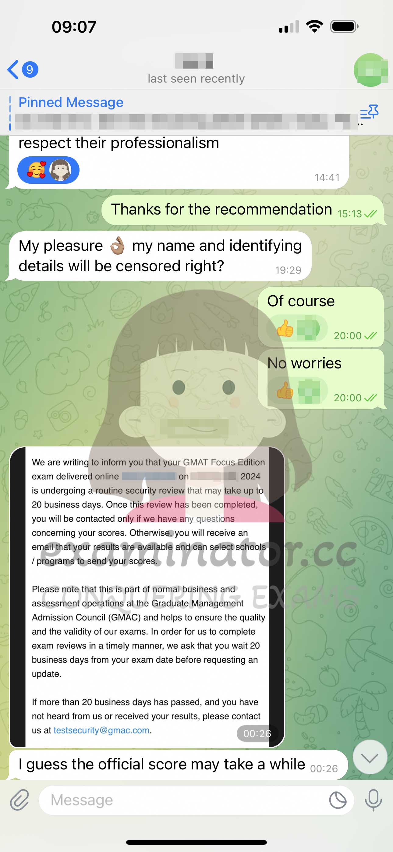 GMAT代考保分成功案例#617的与客户对话截图