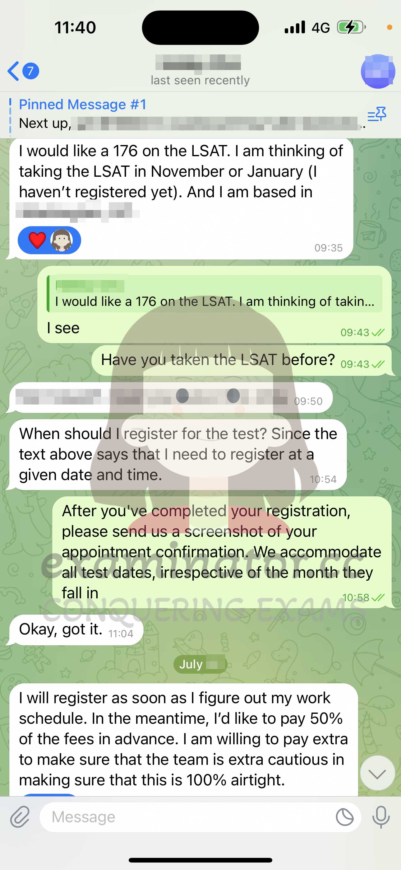 LSAT代考保分成功案例#598的与客户对话截图
