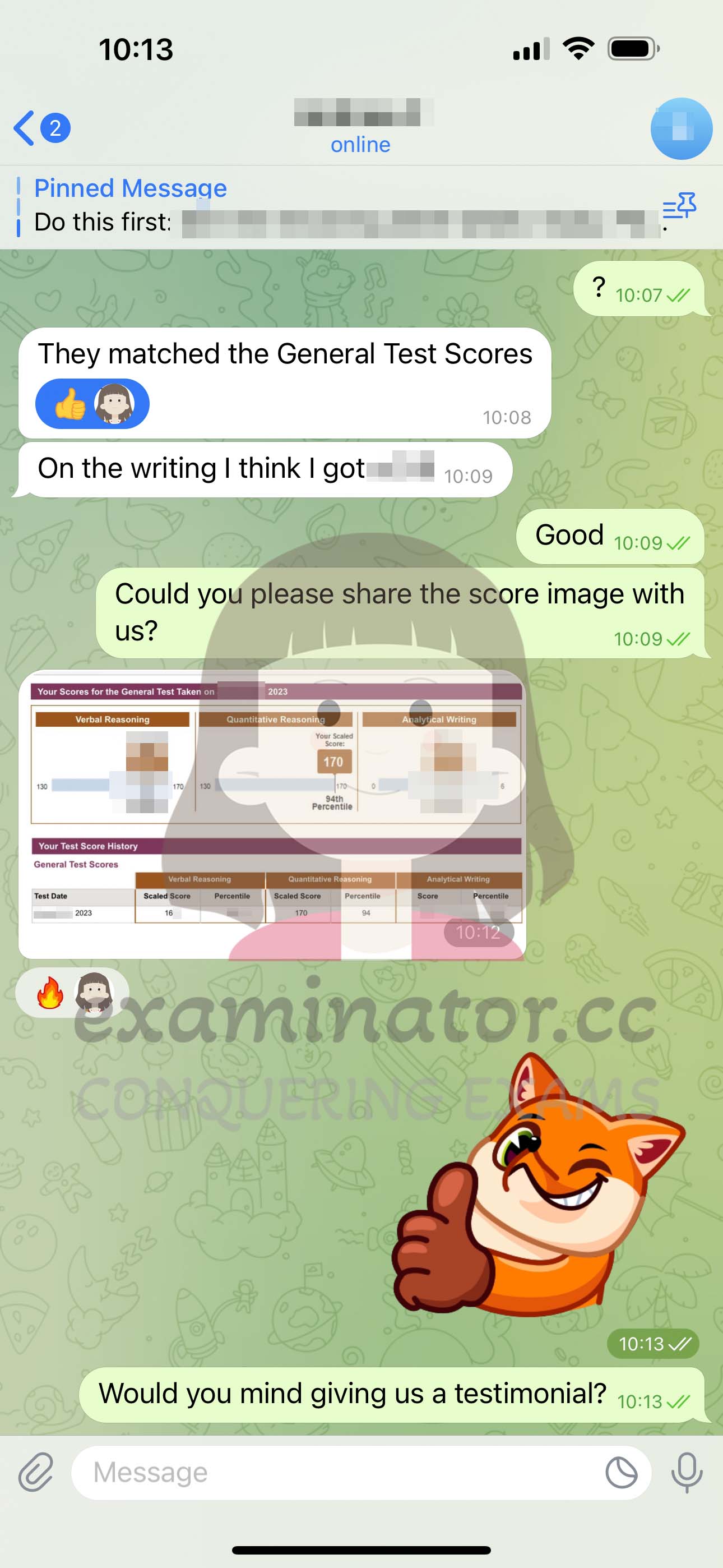 GRE代考保分成功案例#579的与客户对话截图