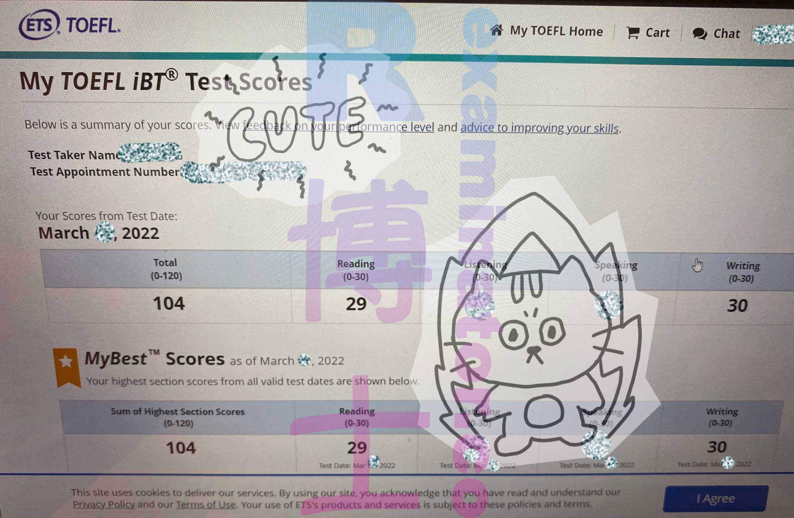 托福代考保分成功案例#285的分数图
