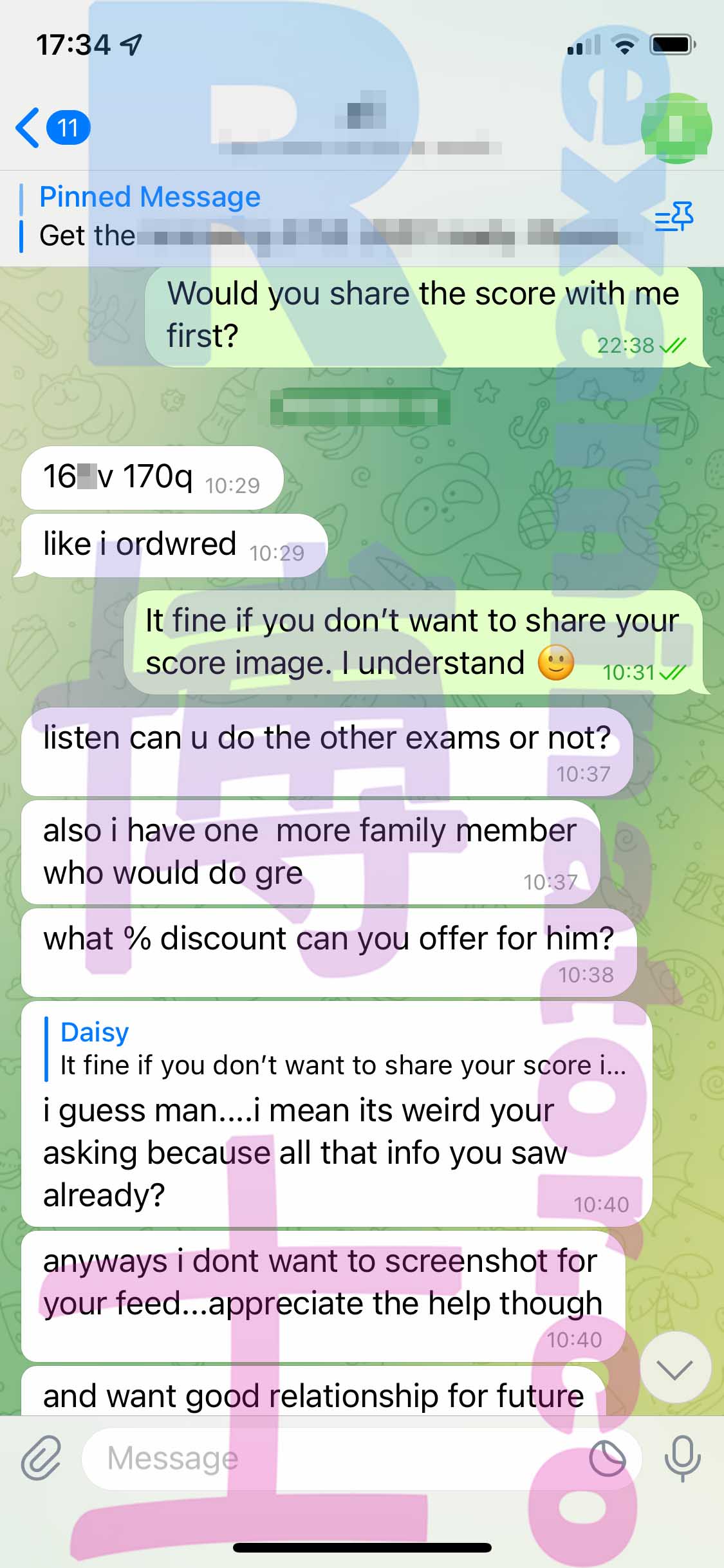 GRE代考保分成功案例#435的与客户对话截图