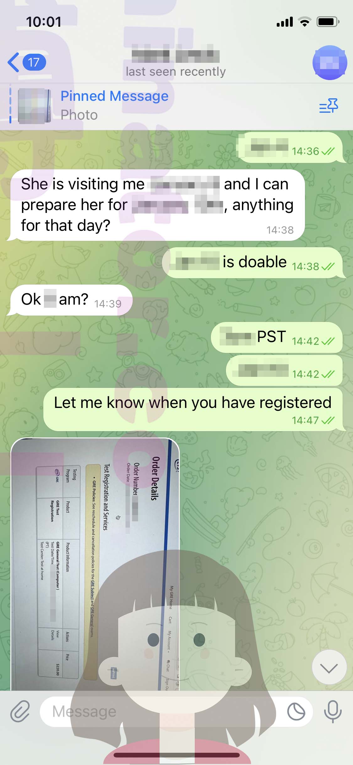 GRE代考保分成功案例#519的与客户对话截图