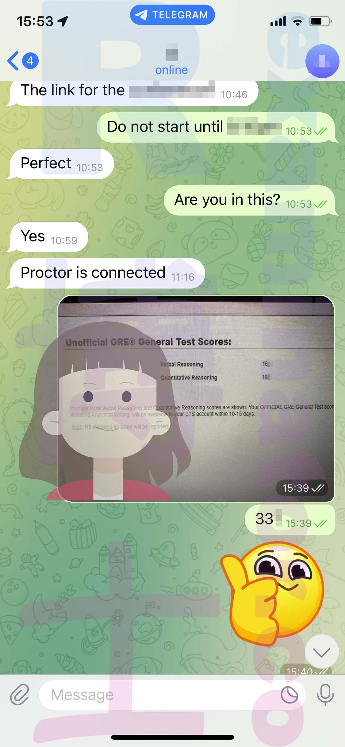 GRE代考保分成功案例#545的与客户对话截图
