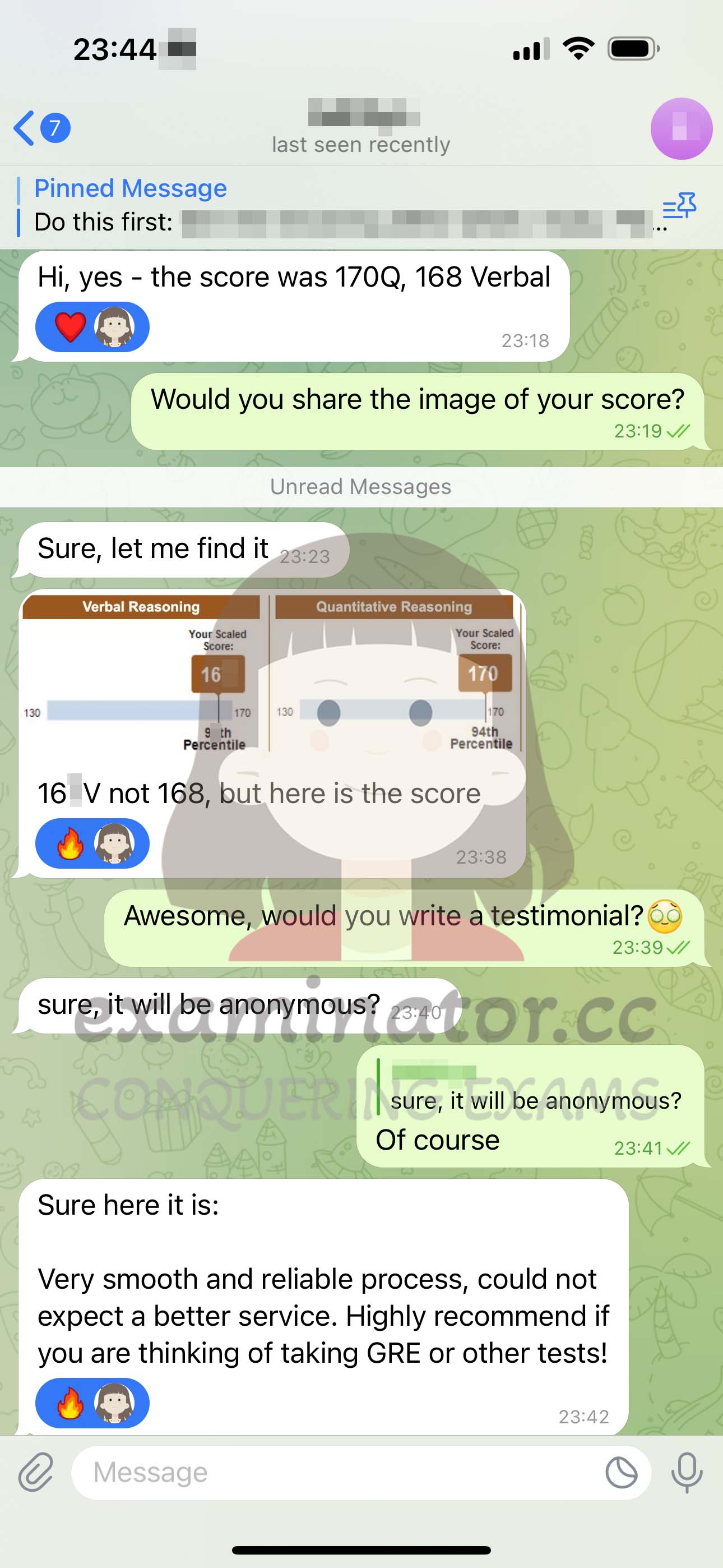 GRE代考保分成功案例#587的与客户对话截图