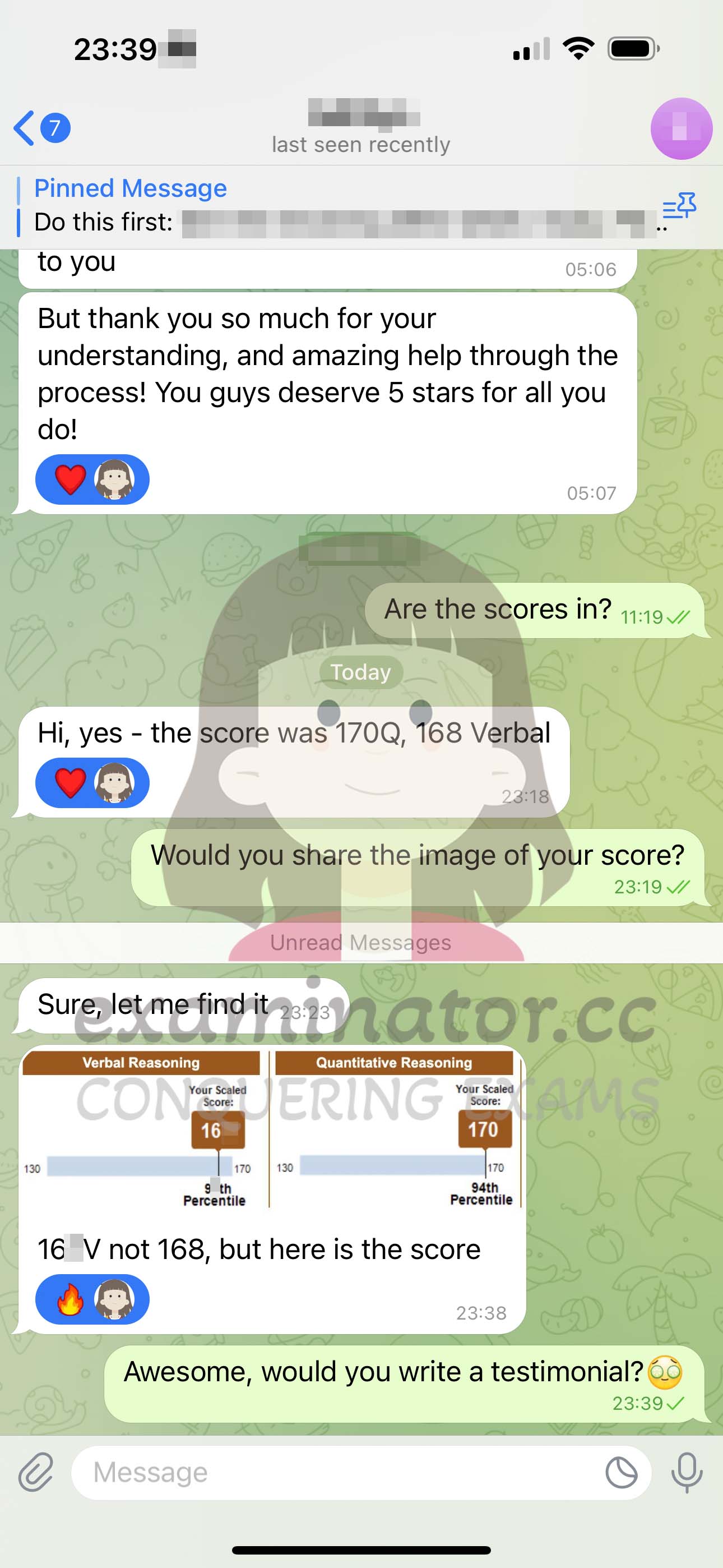 GRE代考保分成功案例#587的与客户对话截图