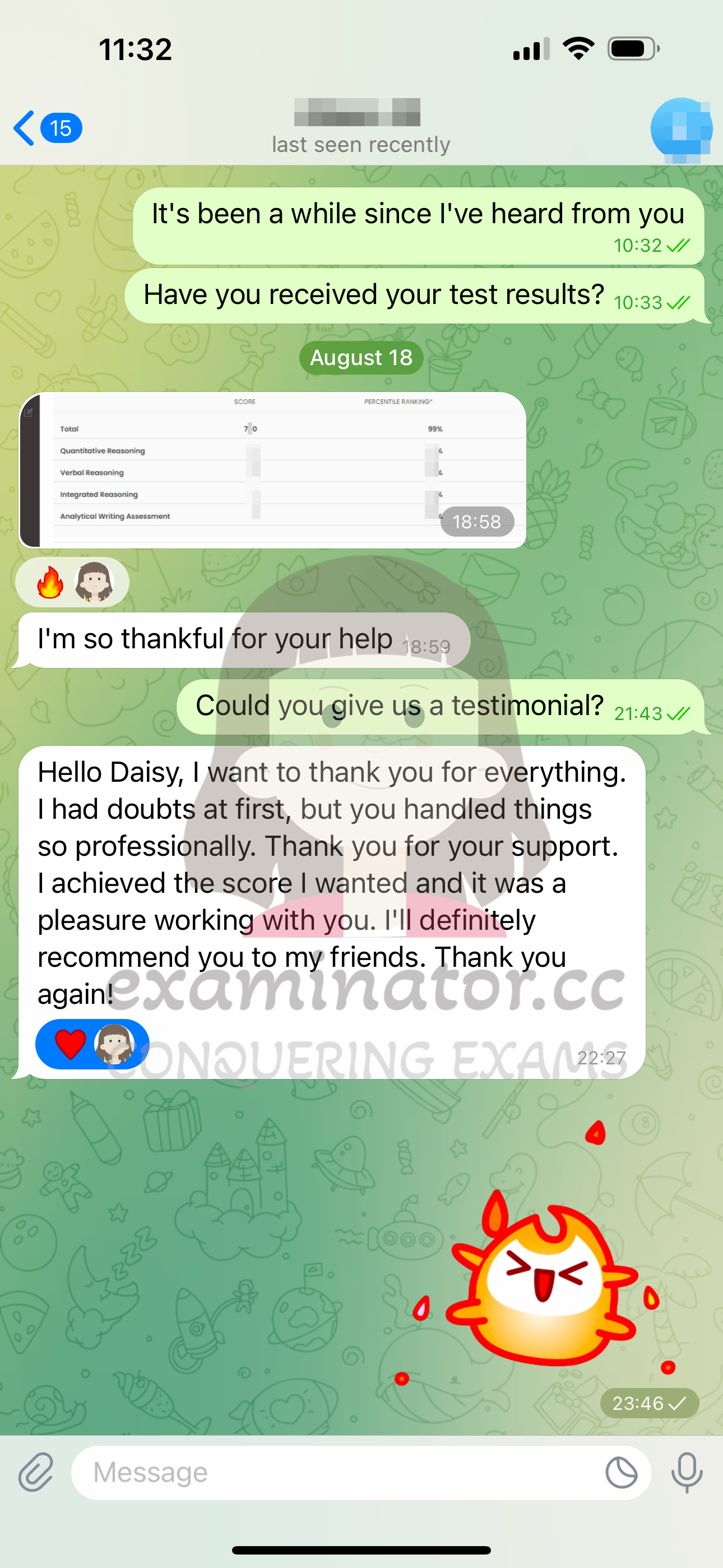 GMAT代考保分成功案例#566的与客户对话截图