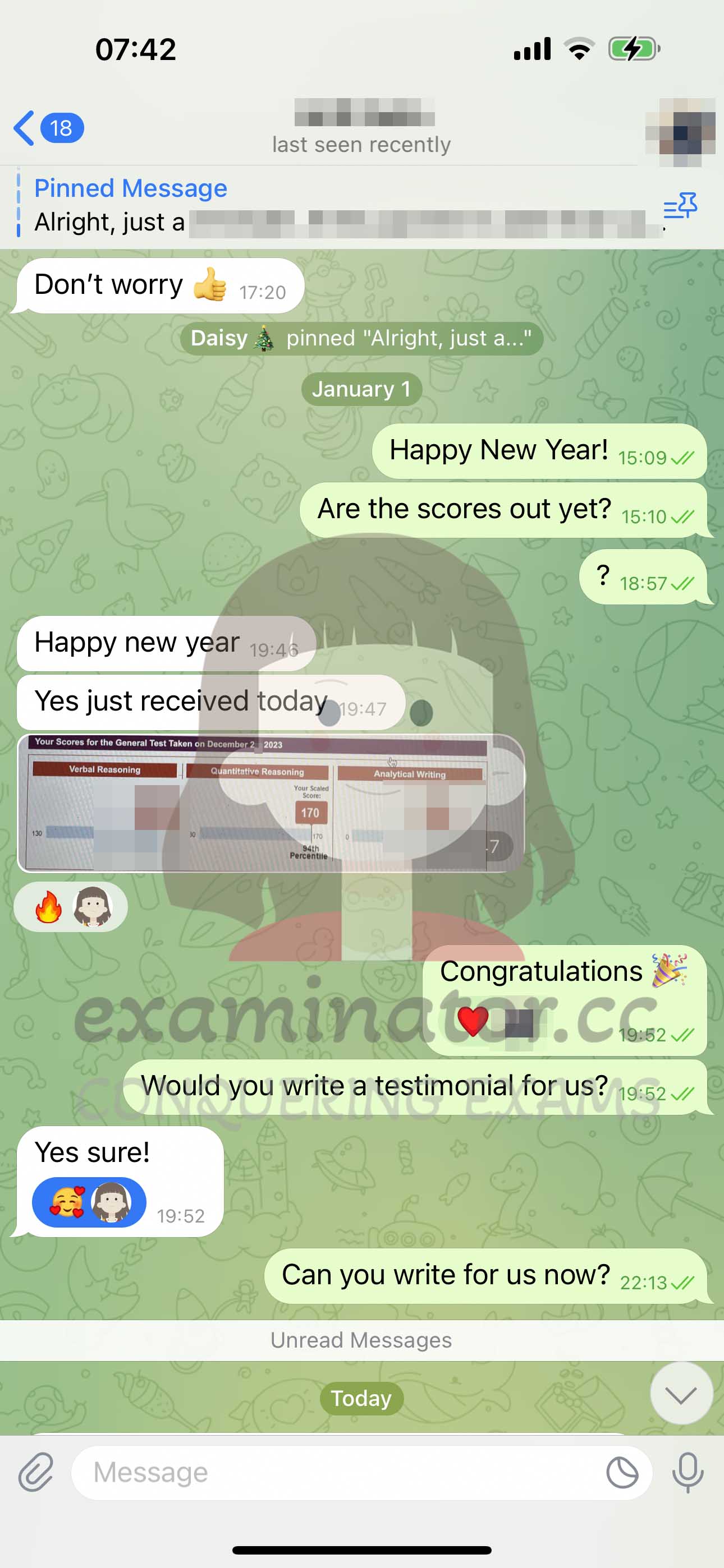 GRE代考保分成功案例#607的与客户对话截图