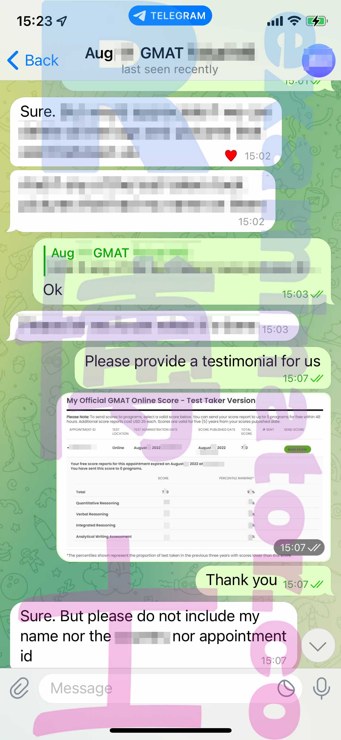 GMAT代考保分成功案例#365的与客户对话截图