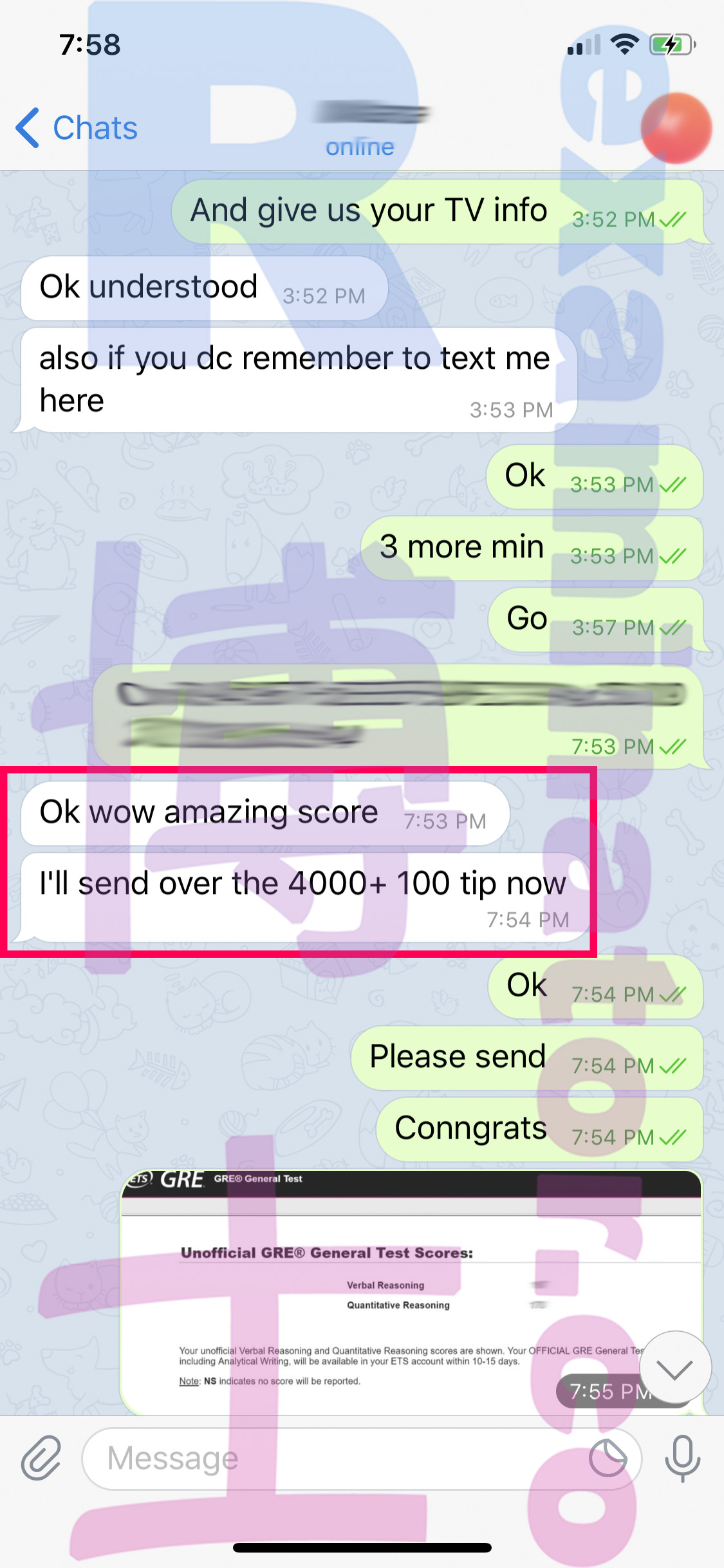 GRE代考保分成功案例#79的与客户对话截图