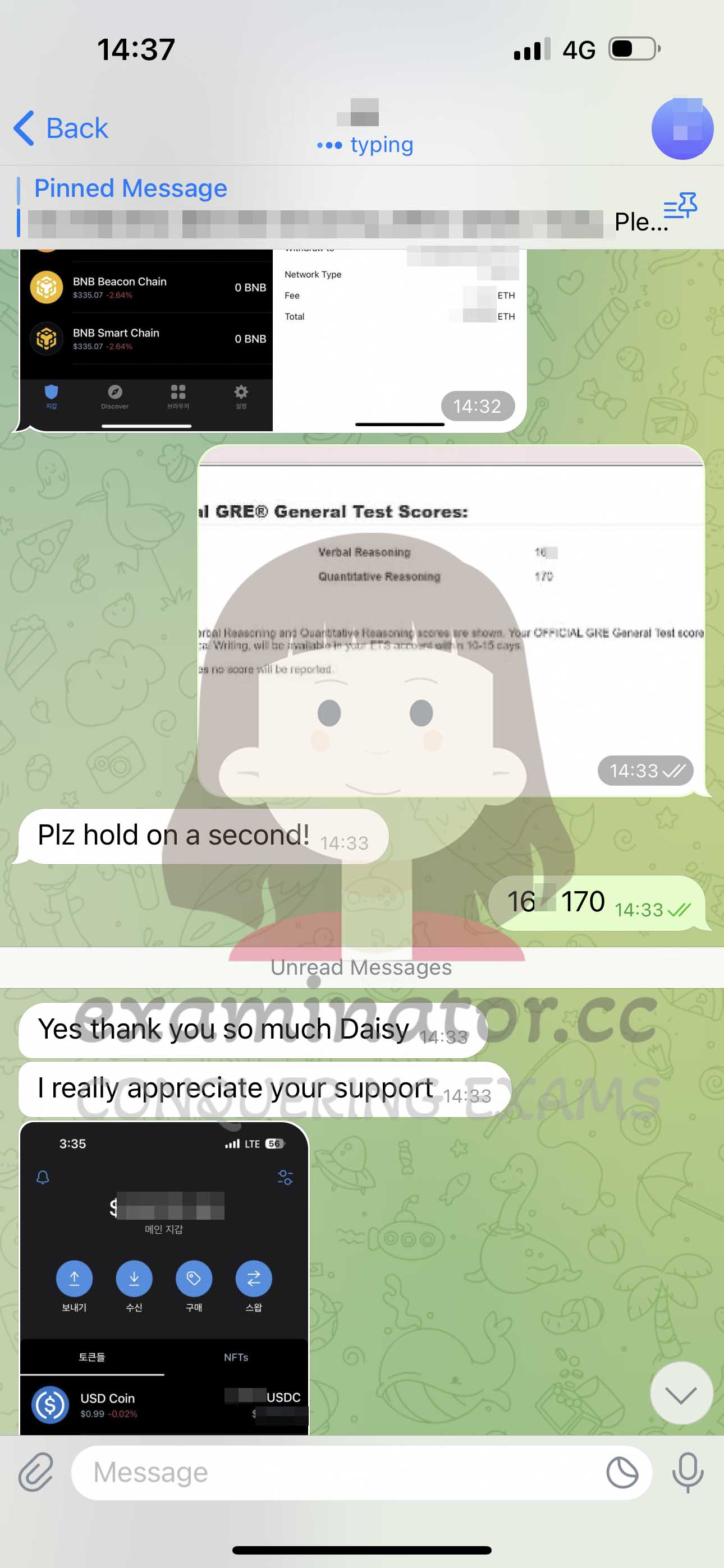 GRE代考保分成功案例#601的与客户对话截图