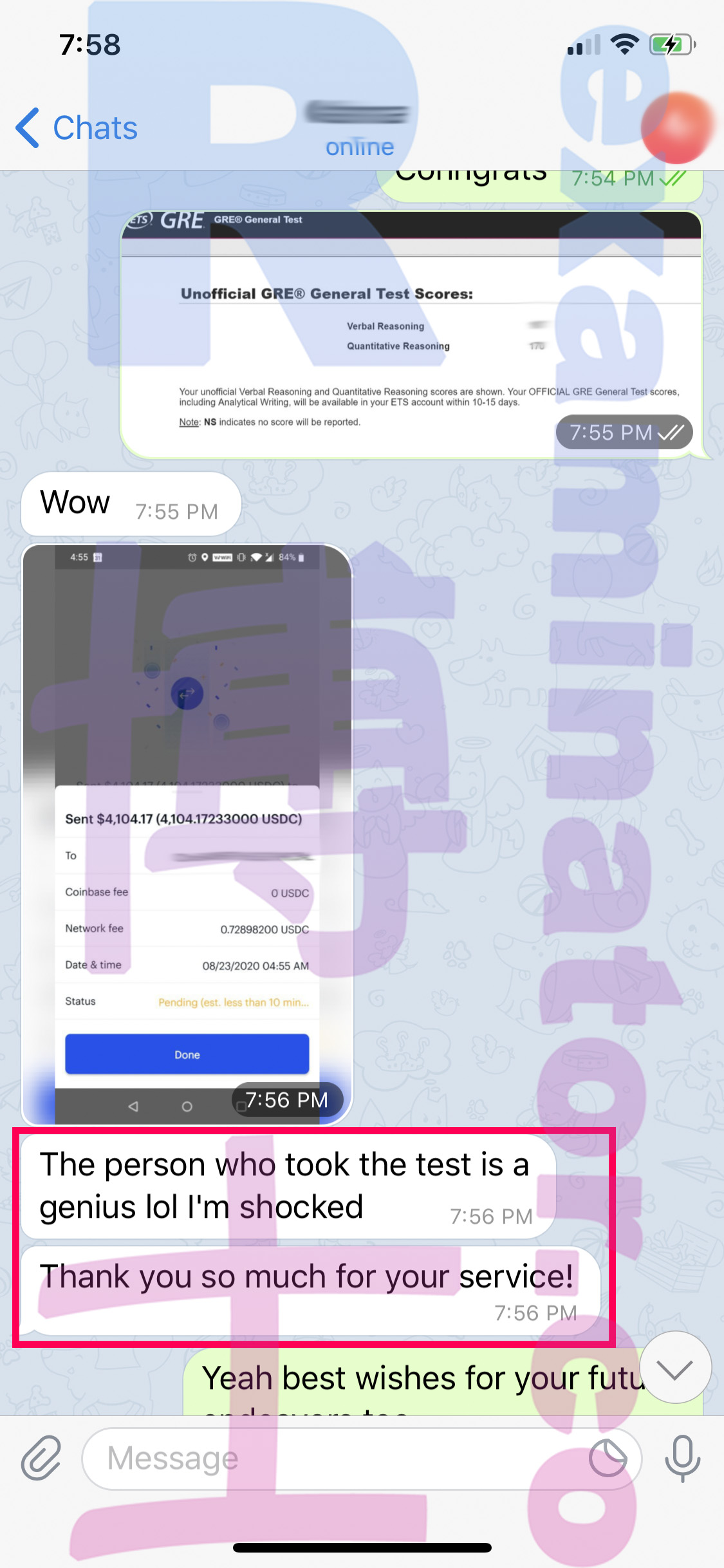 GRE代考保分成功案例#79的与客户对话截图