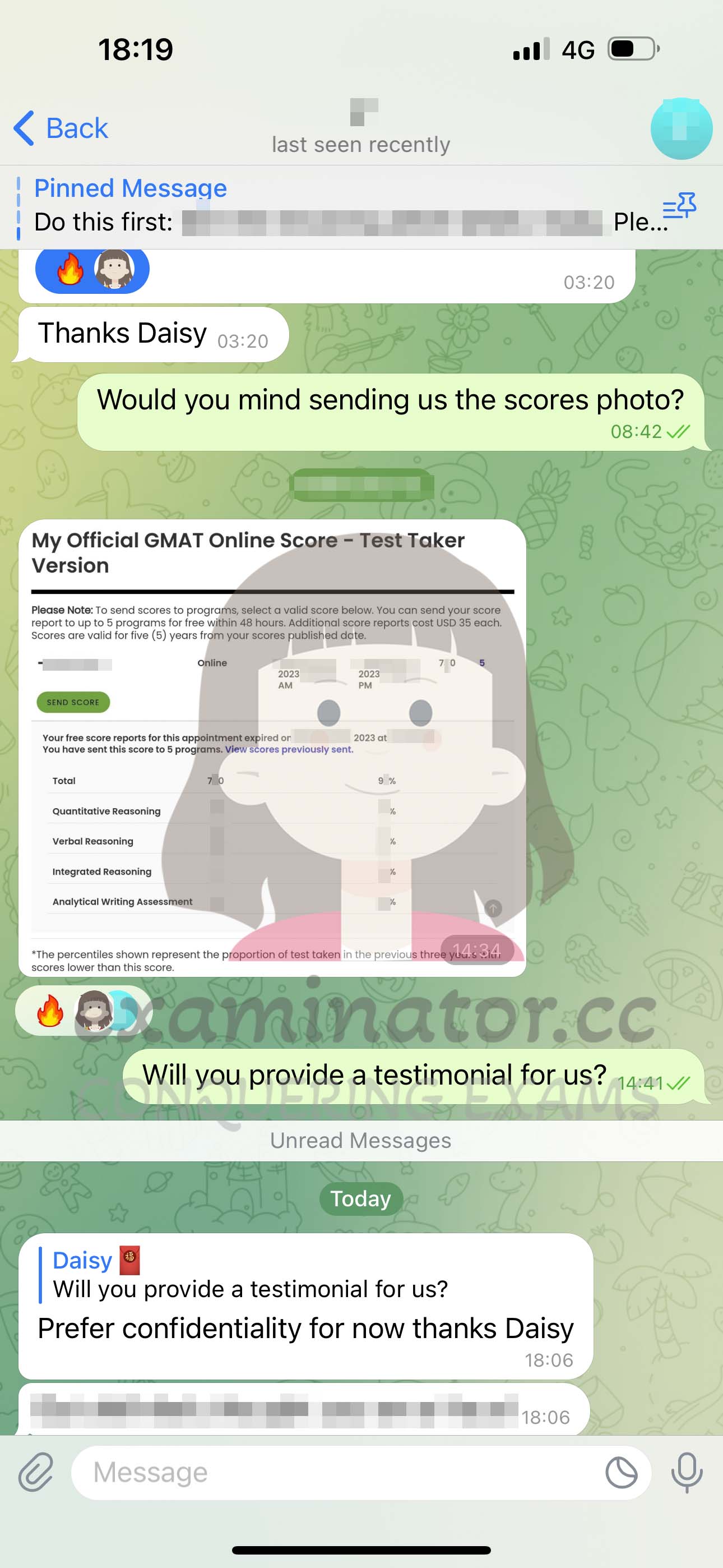 GMAT代考保分成功案例#575的与客户对话截图