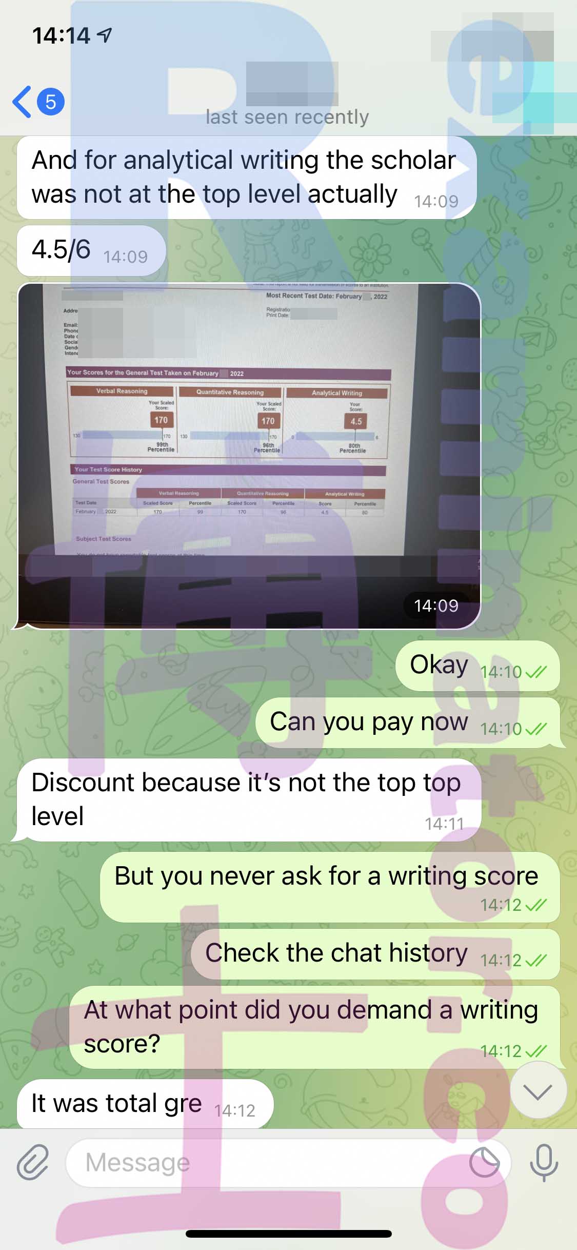 GRE代考保分成功案例#278的与客户对话截图
