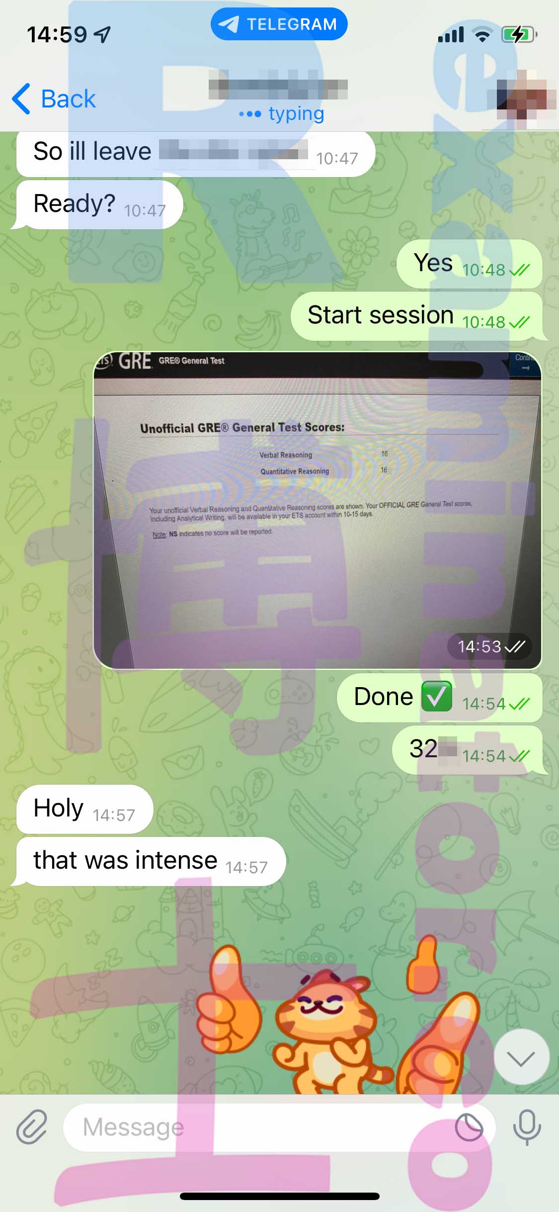 GRE代考保分成功案例#409的与客户对话截图