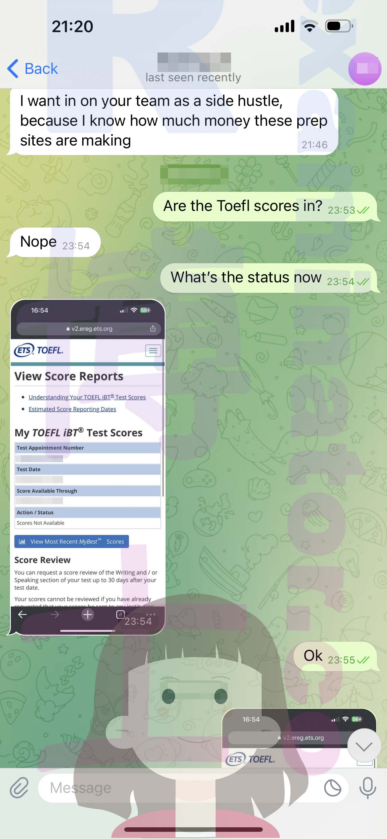 托福代考保分成功案例#517的与客户对话截图