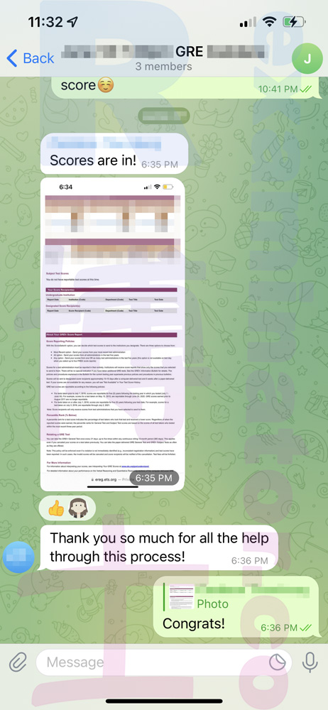 GRE代考保分成功案例#332的与客户对话截图