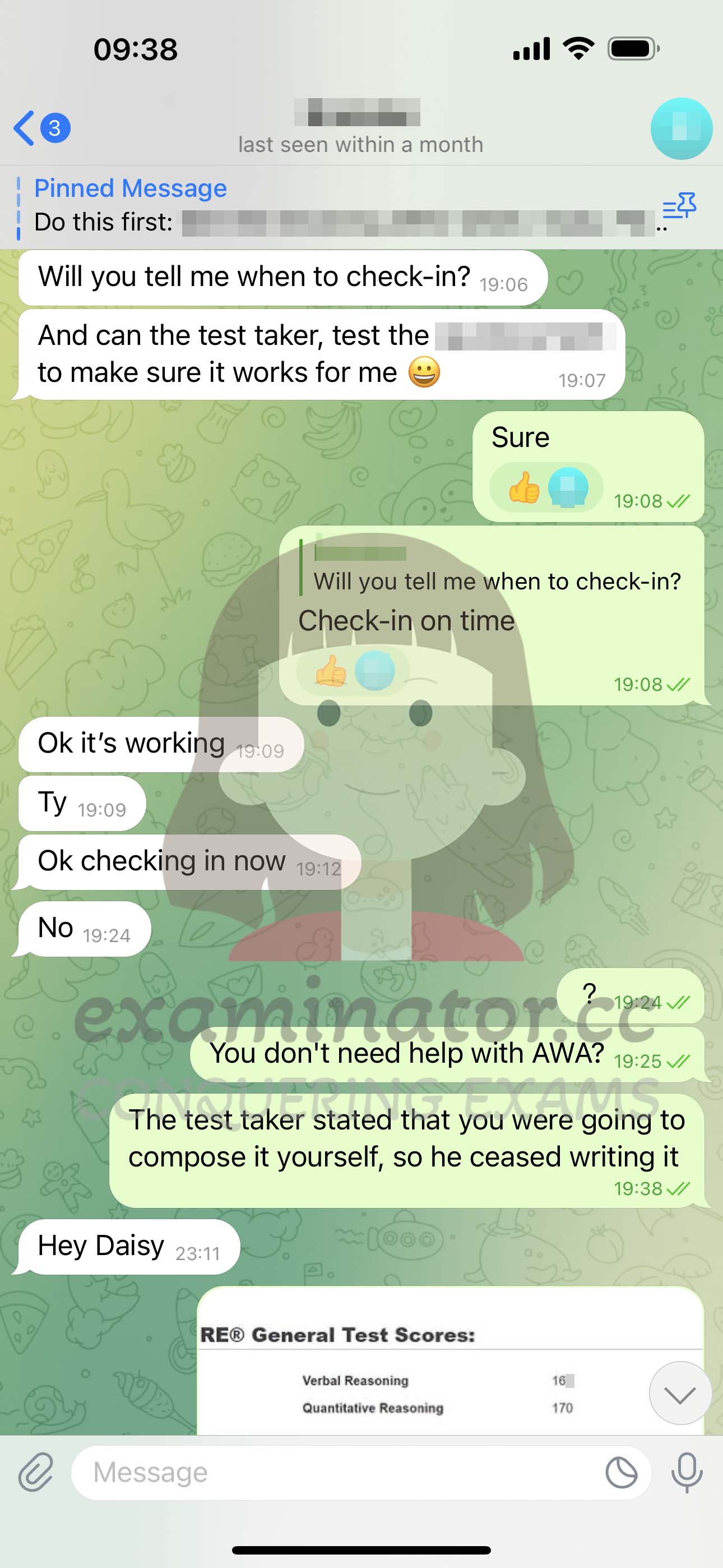 GRE代考保分成功案例#586的与客户对话截图