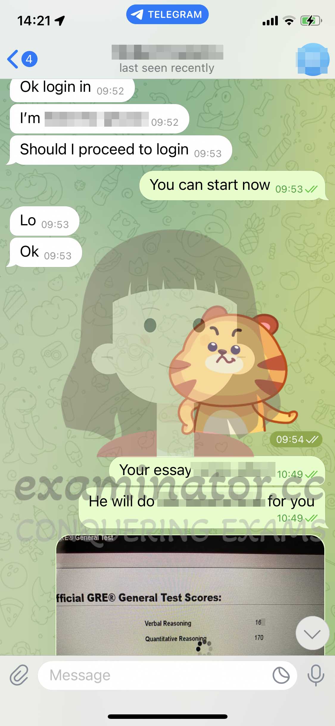 GRE代考保分成功案例#606的与客户对话截图