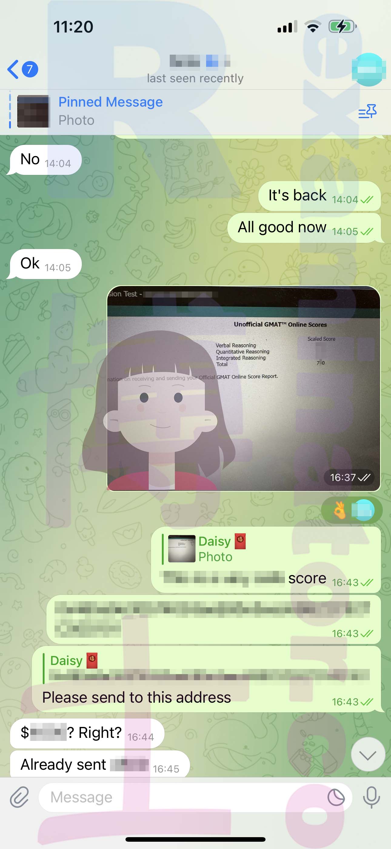 GMAT代考保分成功案例#543的与客户对话截图