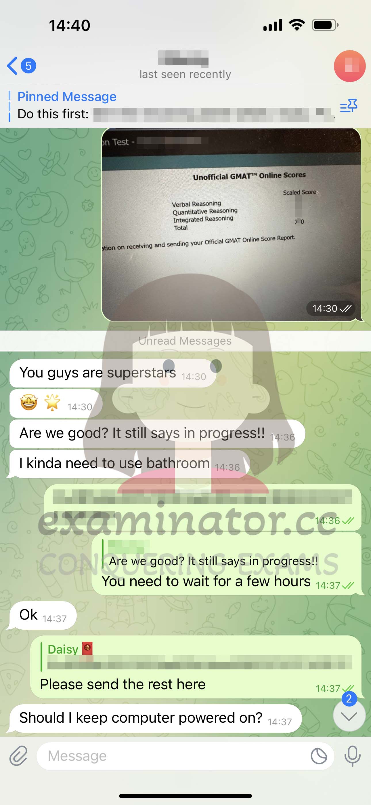 GMAT代考保分成功案例#564的与客户对话截图