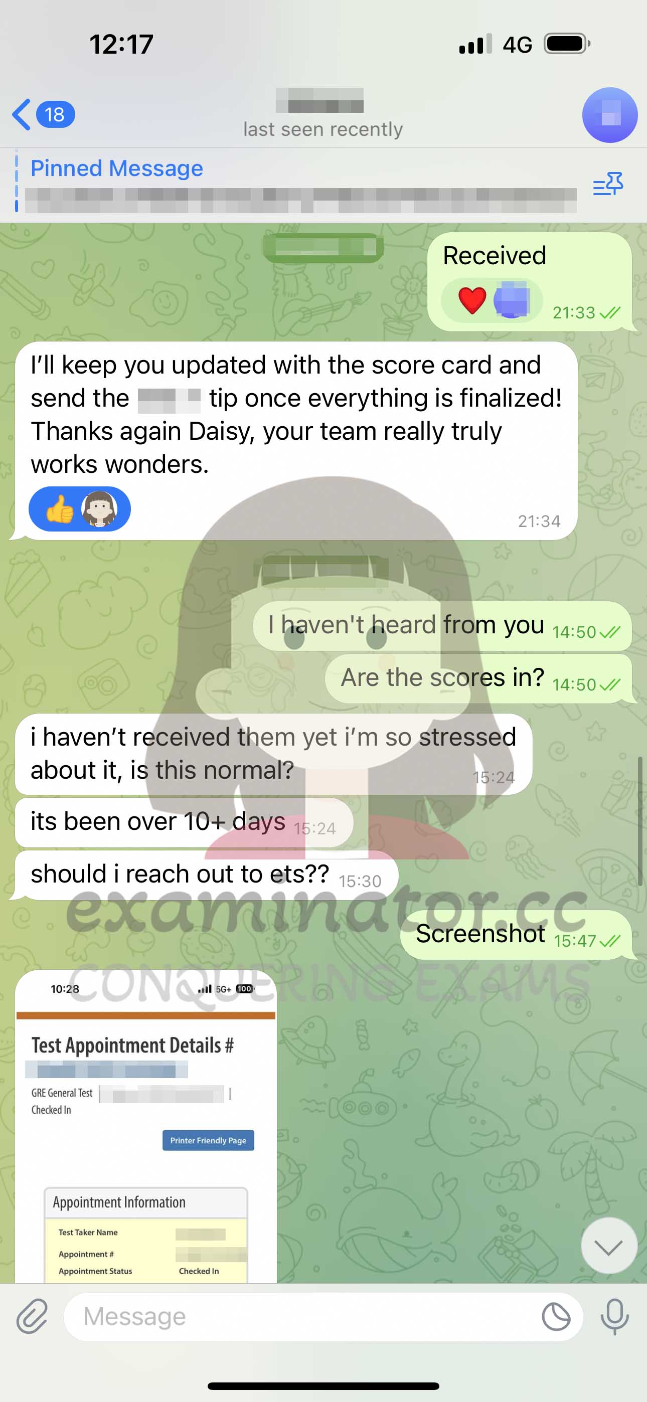 GRE代考保分成功案例#616的与客户对话截图