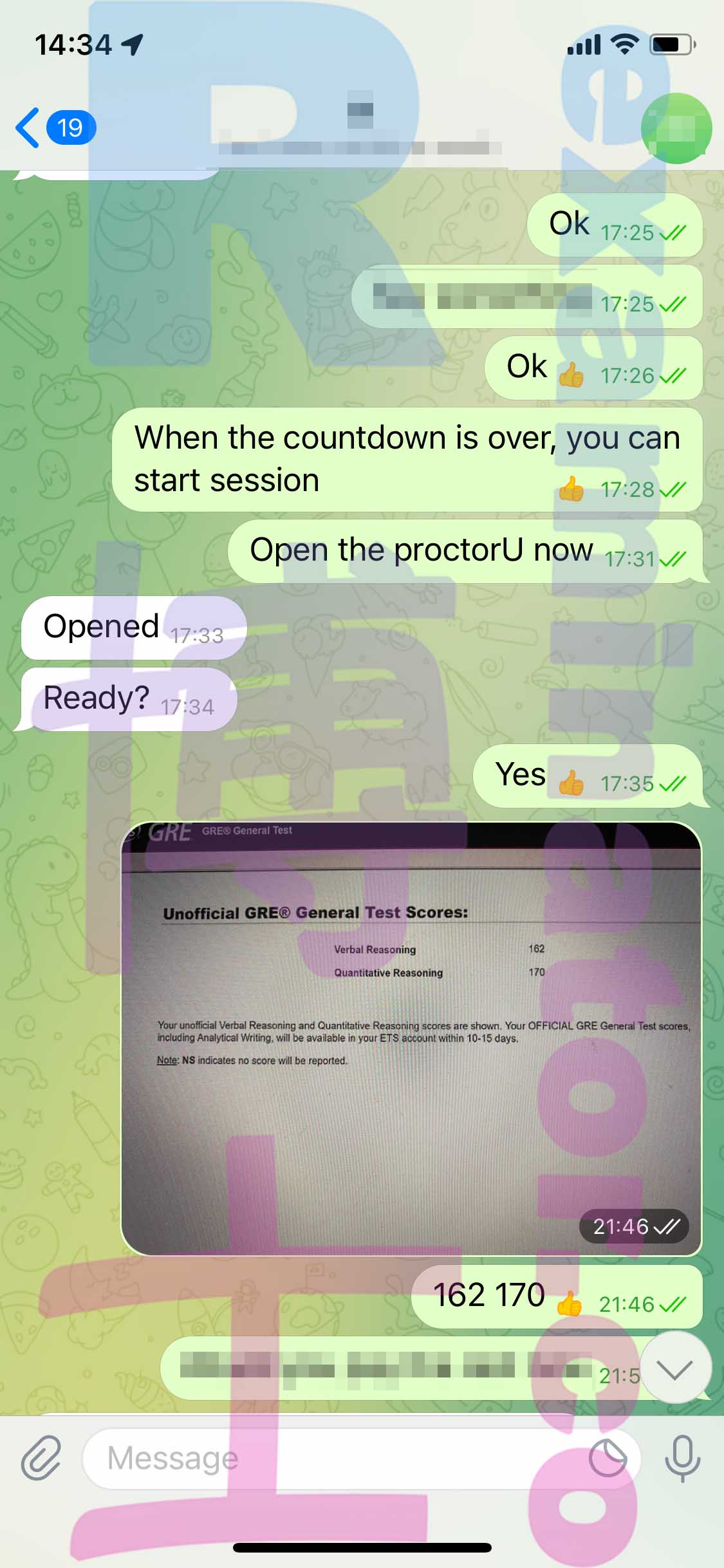 GRE代考保分成功案例#344的与客户对话截图